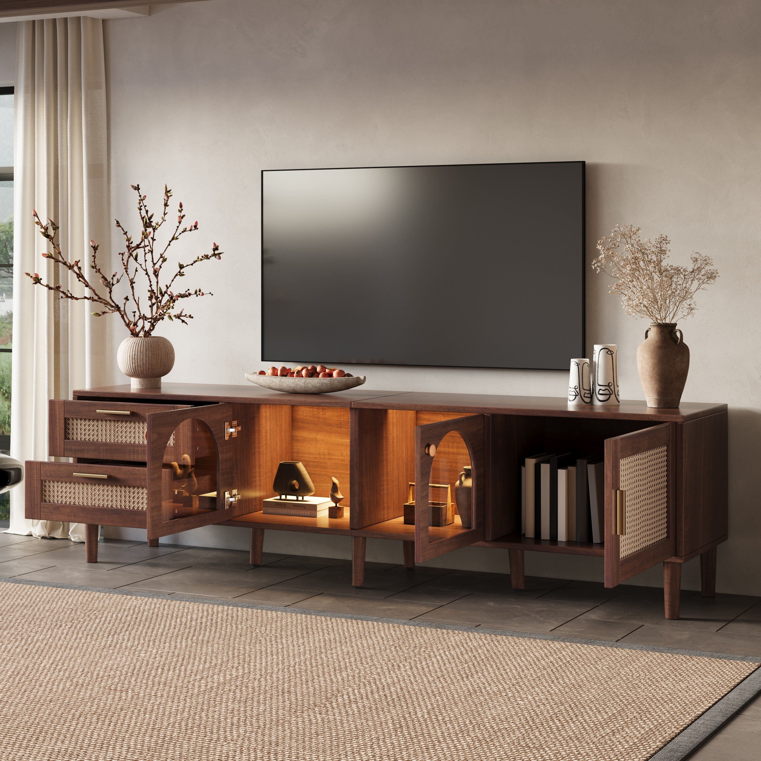 Rattan Tv Stand For Tvs Up To 80 With 3 Cabinets 2 Drawers And Led Light
