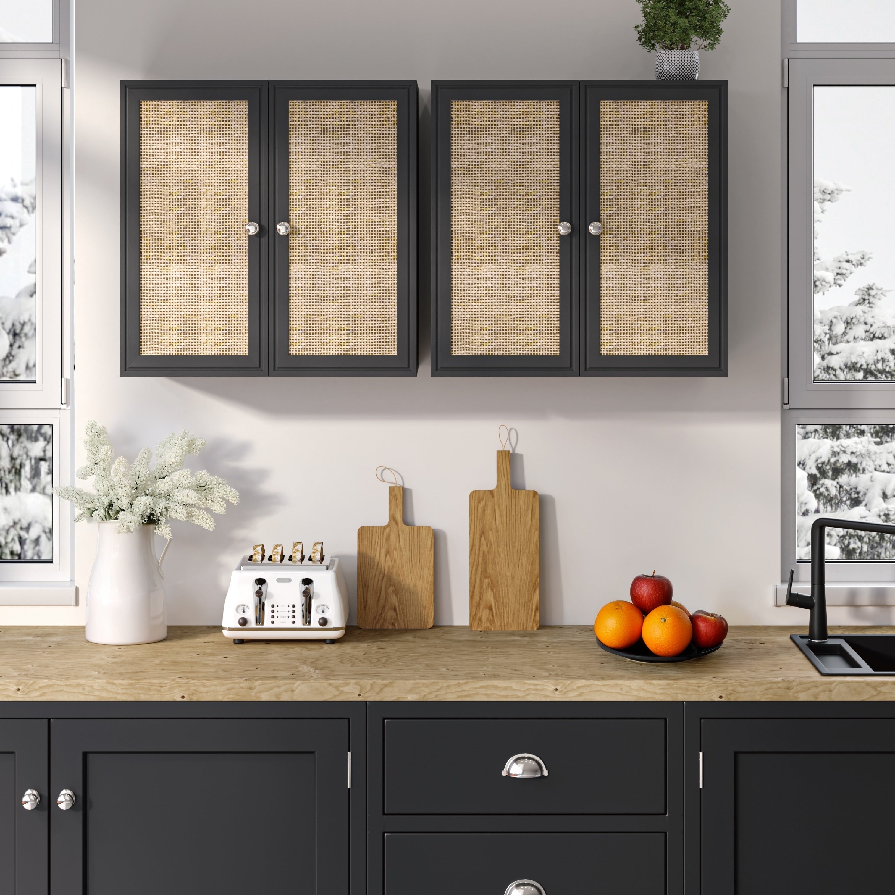 Rattan Wall Cabinets With Adjustable Shelf And Led Light Set Of 2