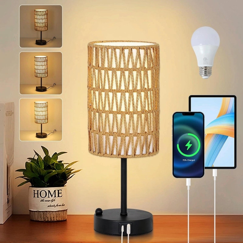 Rattan Linen Shade 3 Way Dimmable Bedside Lamp With Usb Charging Port And Phone Stand
