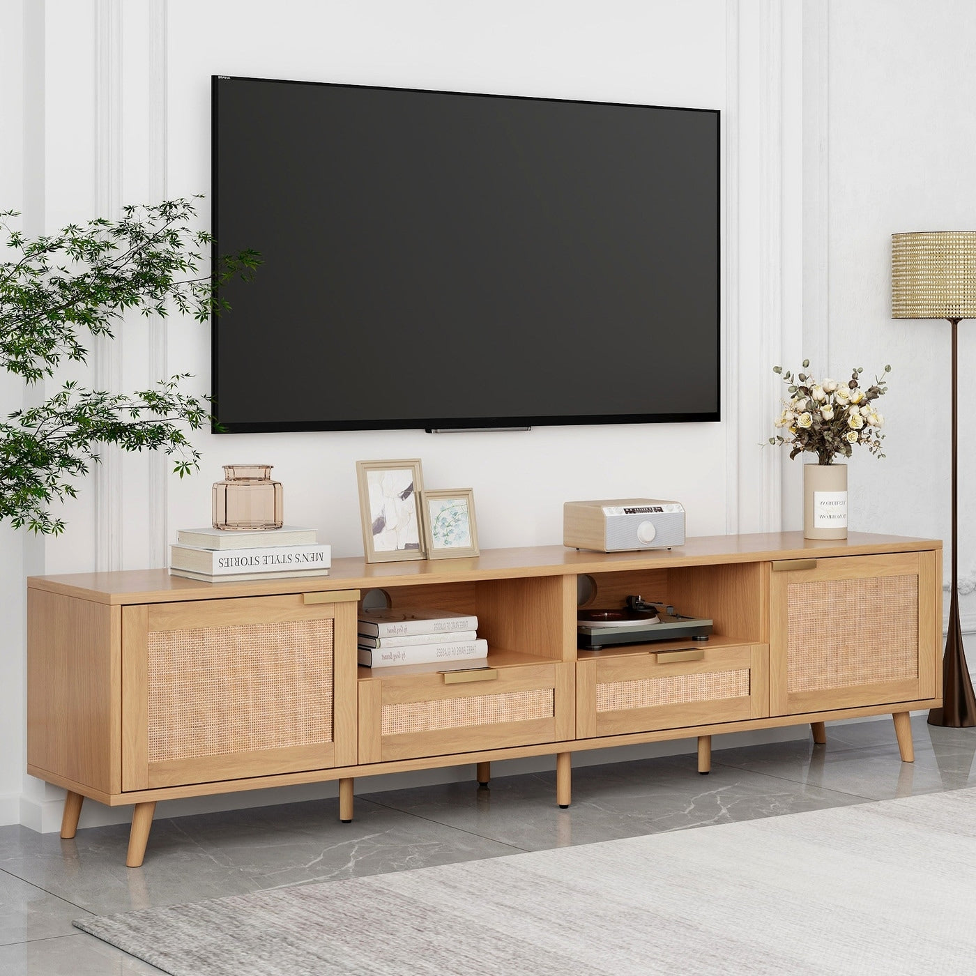 Rattan With Solid Wood Legs Tv Stand For Tvs Up To 85 In N A