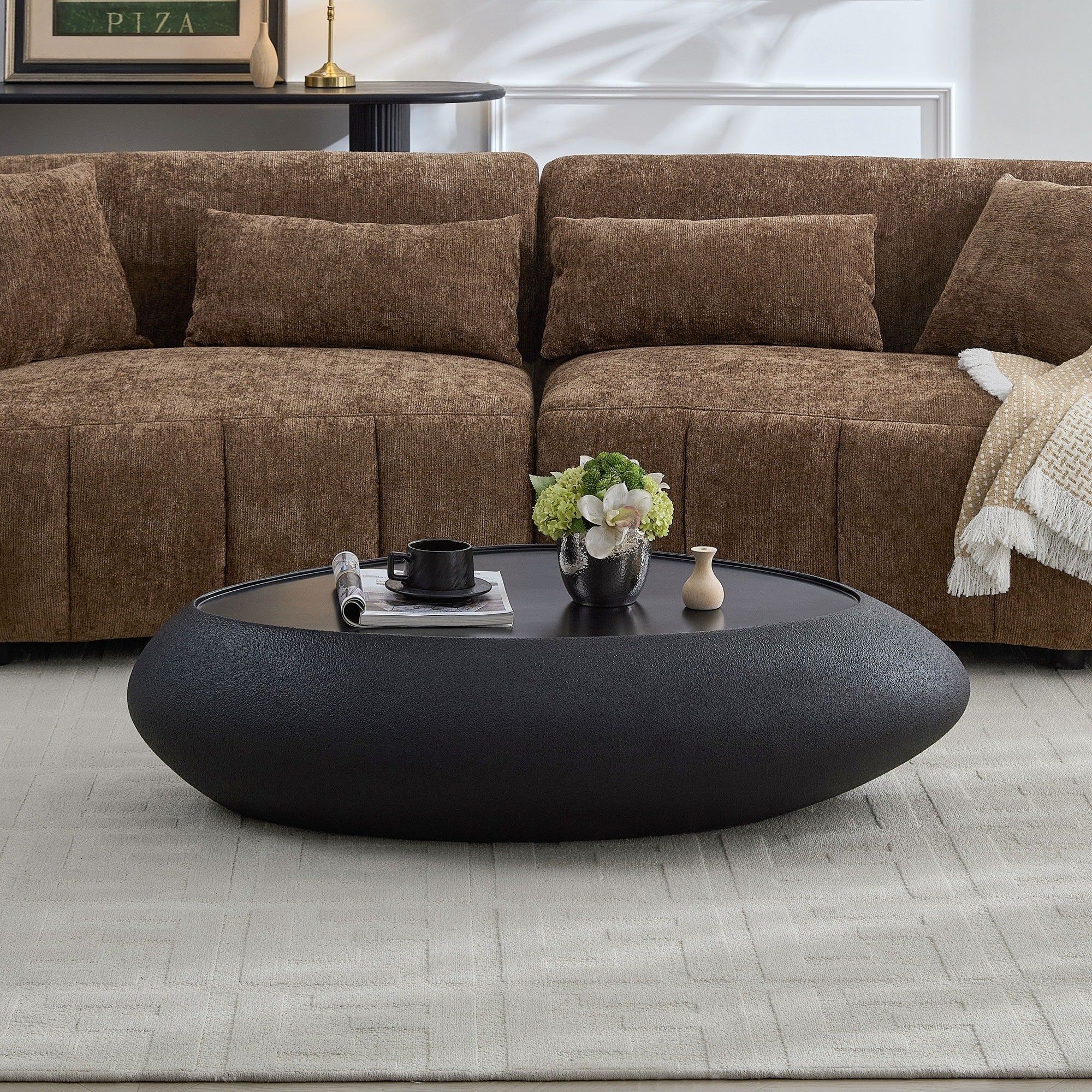 Ravello Fiberglass Coffee Table With Faux Rock Oval Design And Raised Edge By Gdfstudio
