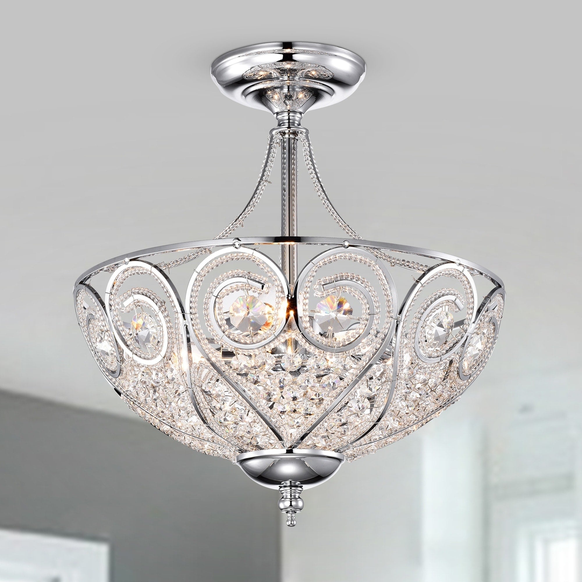 Raven Chrome And Crystal 3 Light Semi Flush Ceiling Lamp