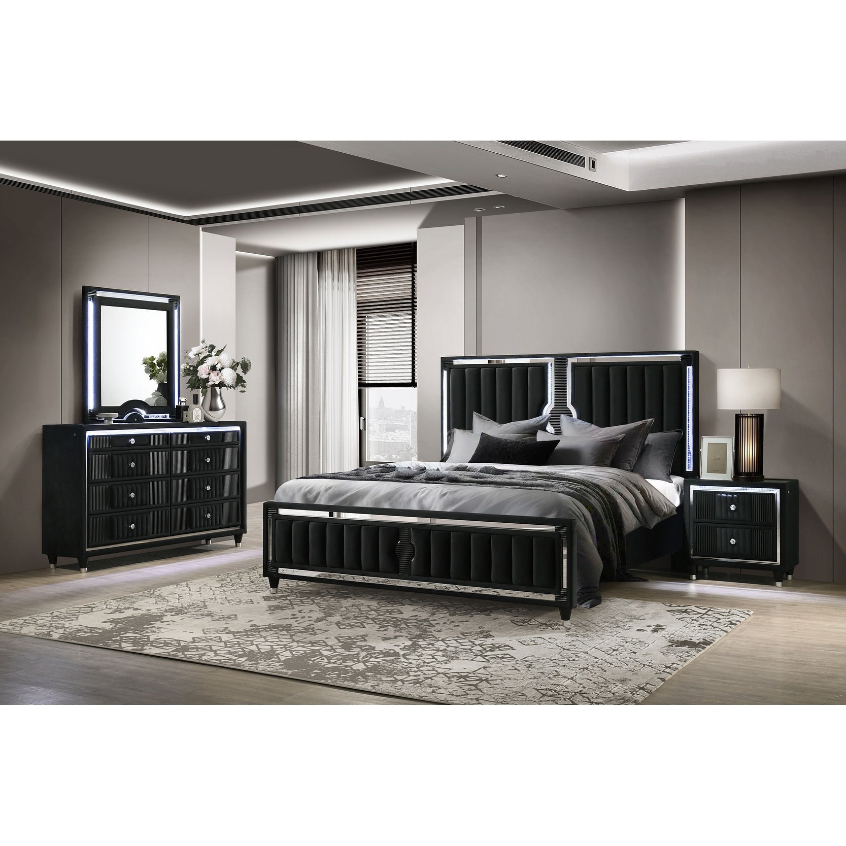 Ravenne Velvet Upholstered Led Bedroom Set Black