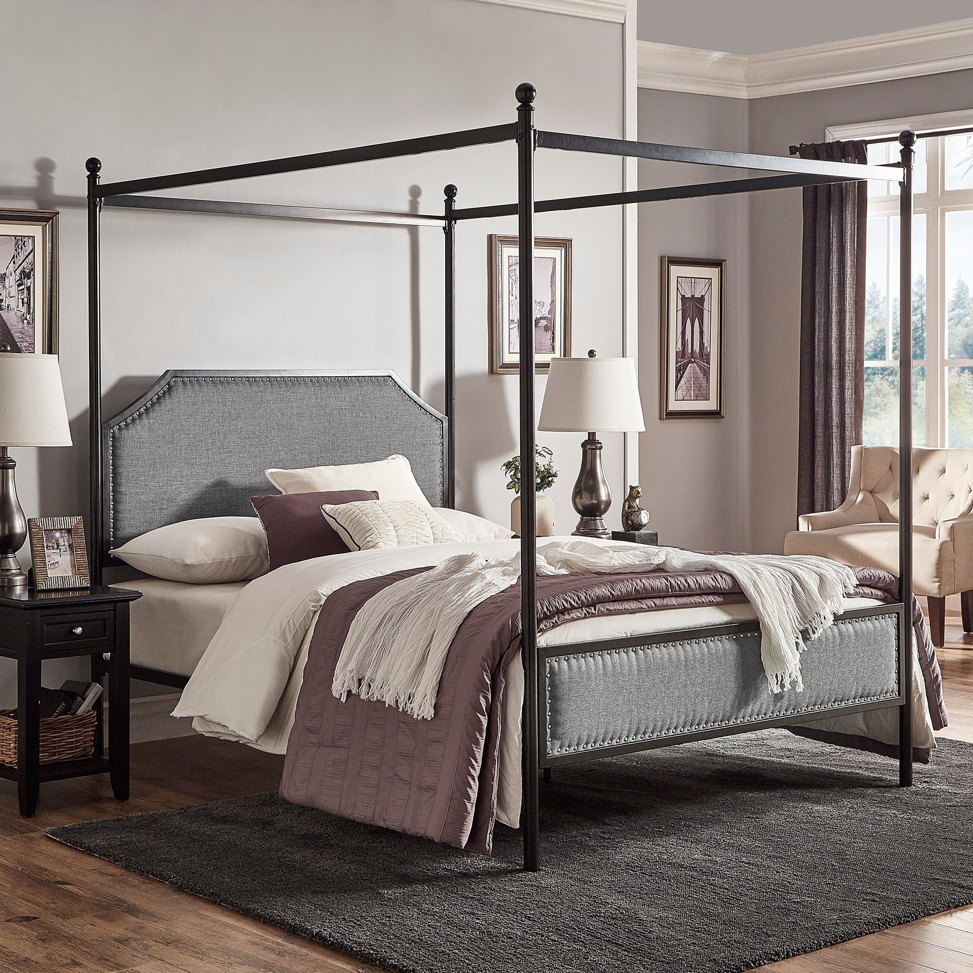 Rayen Grey Upholstered Metal Canopy Queen Bed By Inspire Q Classic