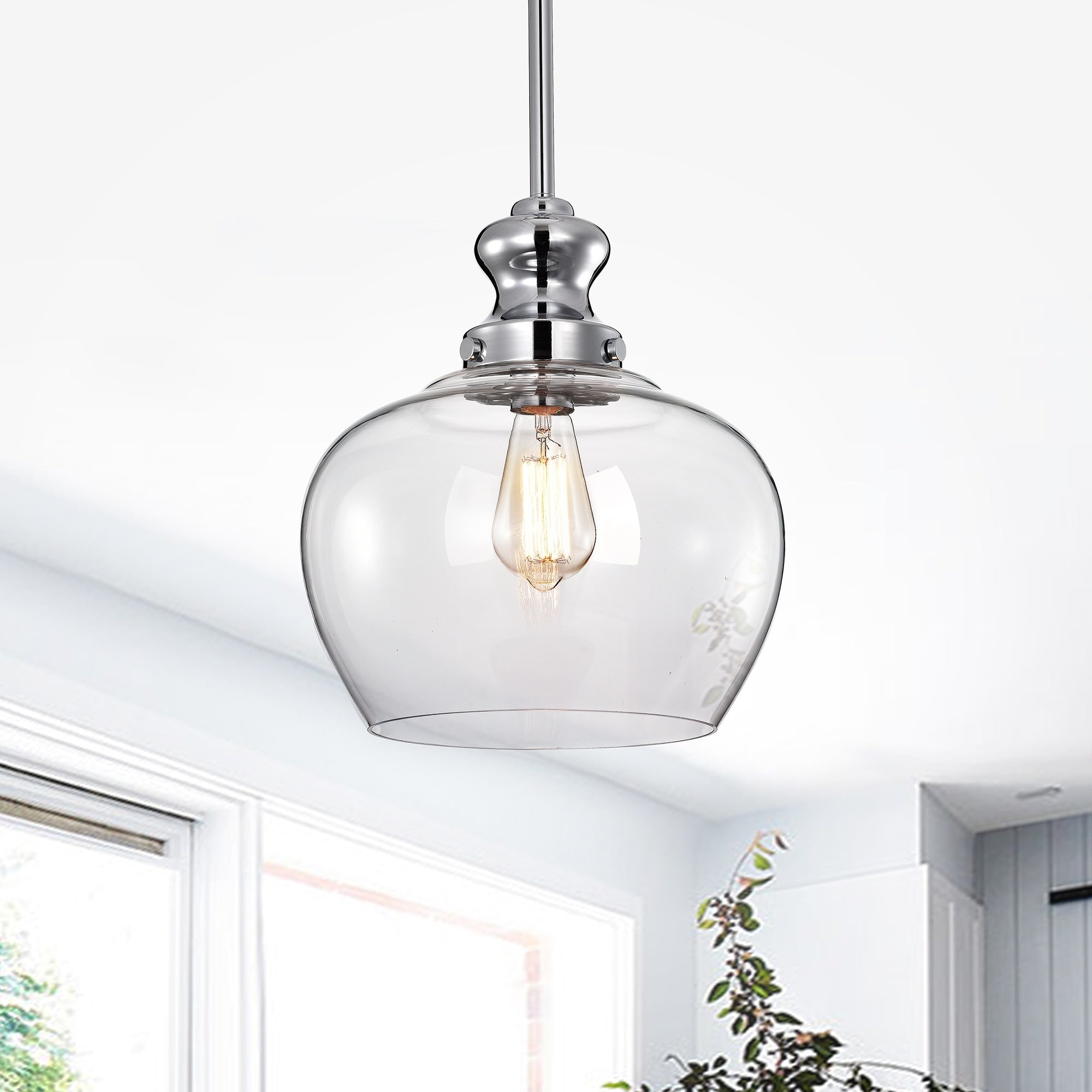 Rayli Chrome 1 Light Clear Bowl Glass Pendant Light