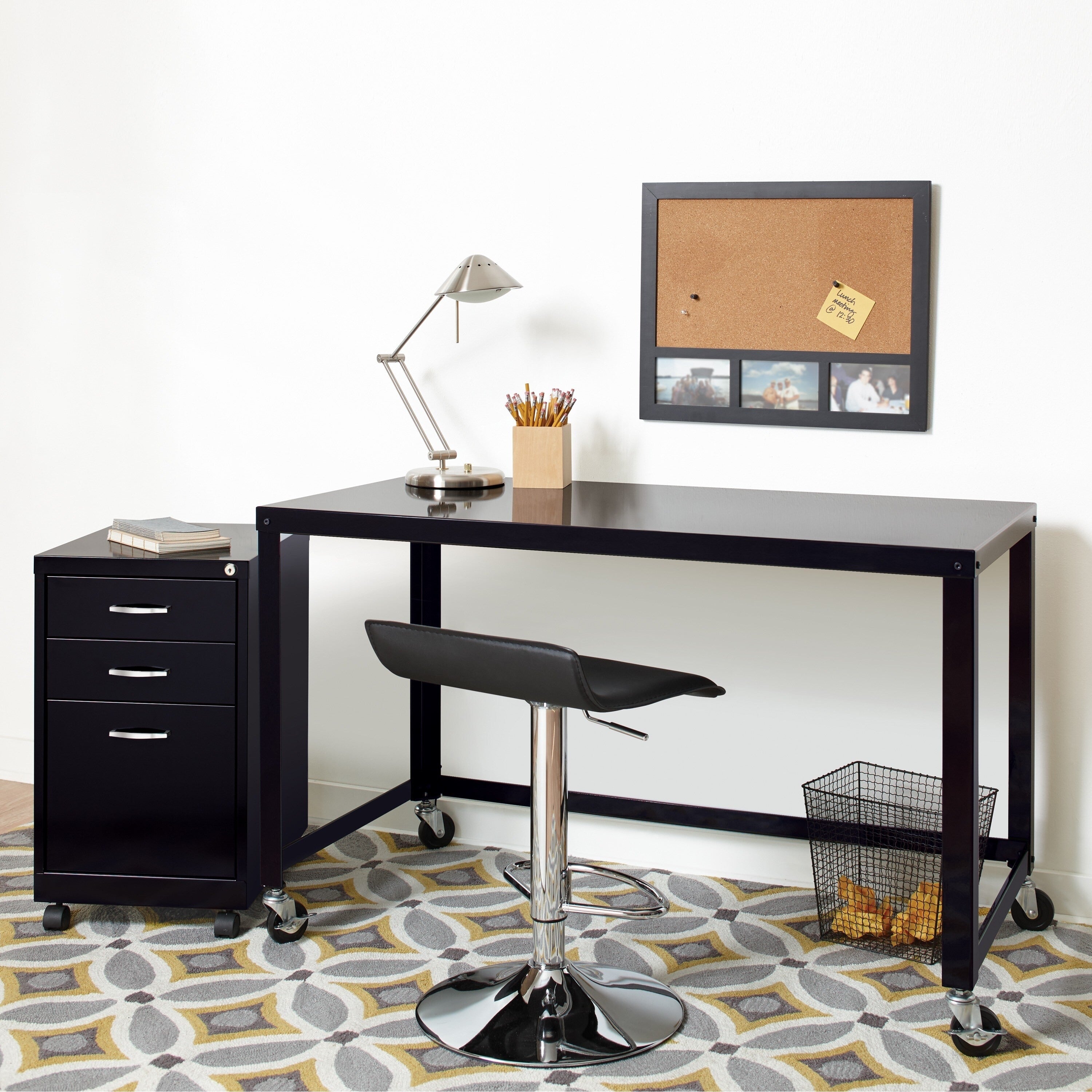 Carbon Loft Laennec Black Steel 48 Inch Wide Industrial Modern Mobile Desk Rolling Cart