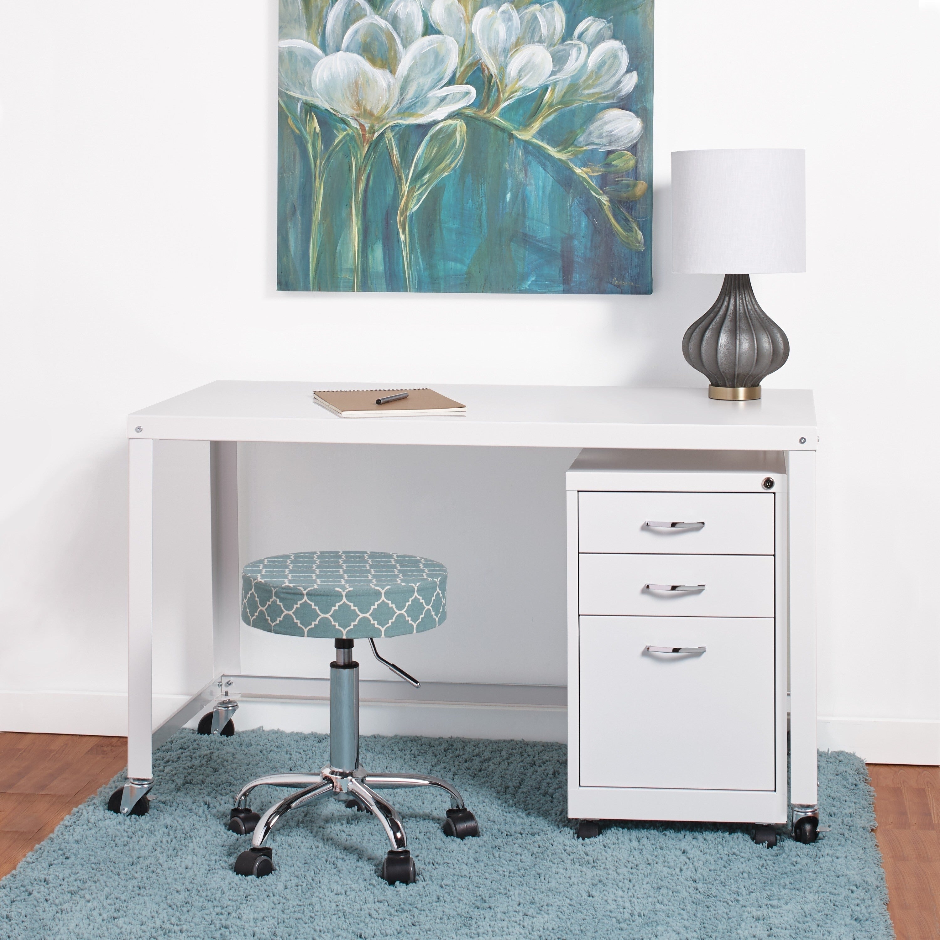 Porch Den Rockridge Industrial Modern White 48 Inch Mobile Desk Rolling Cart