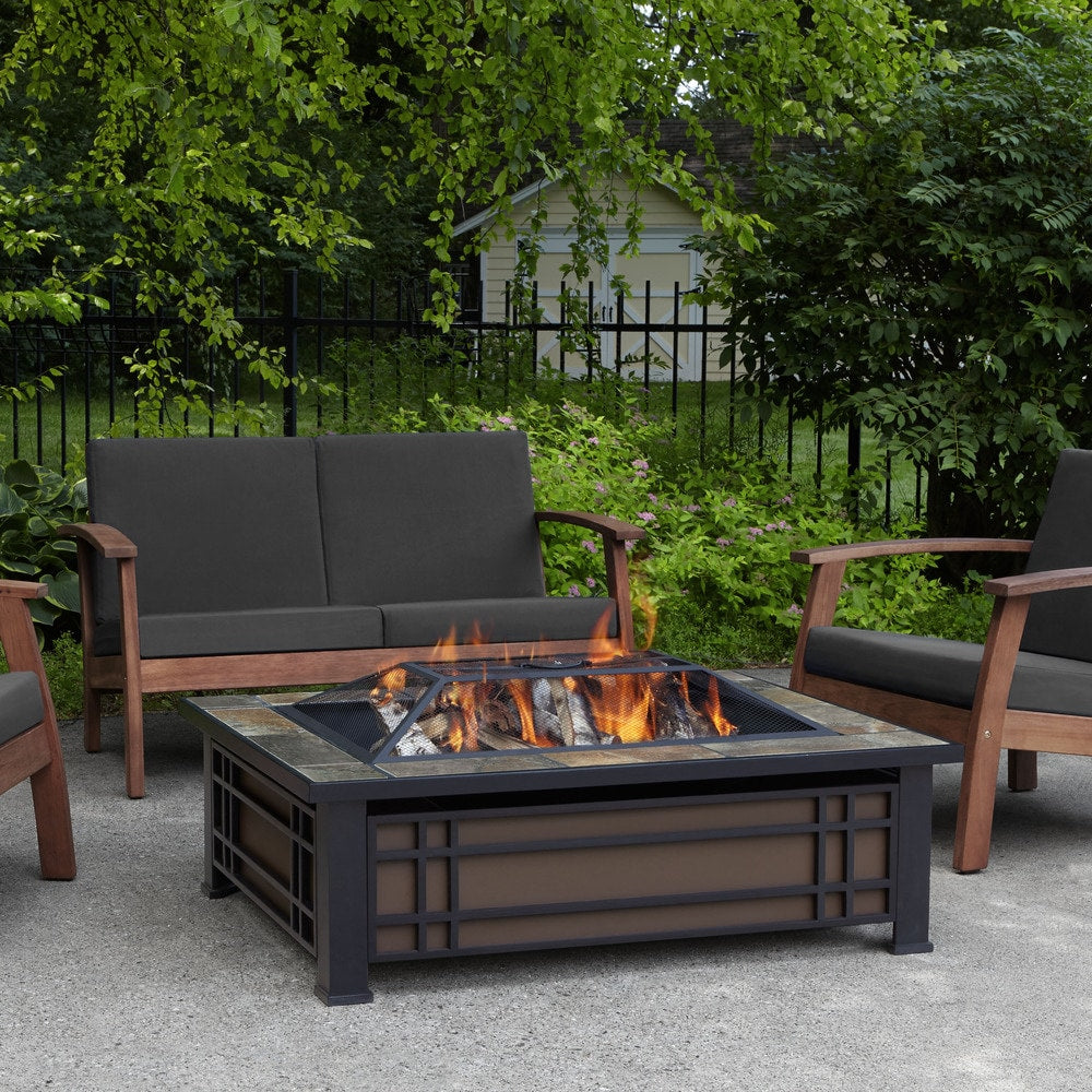 Real Flame Hamilton Black Steel Fire Pit With Natural Slate Tile Top