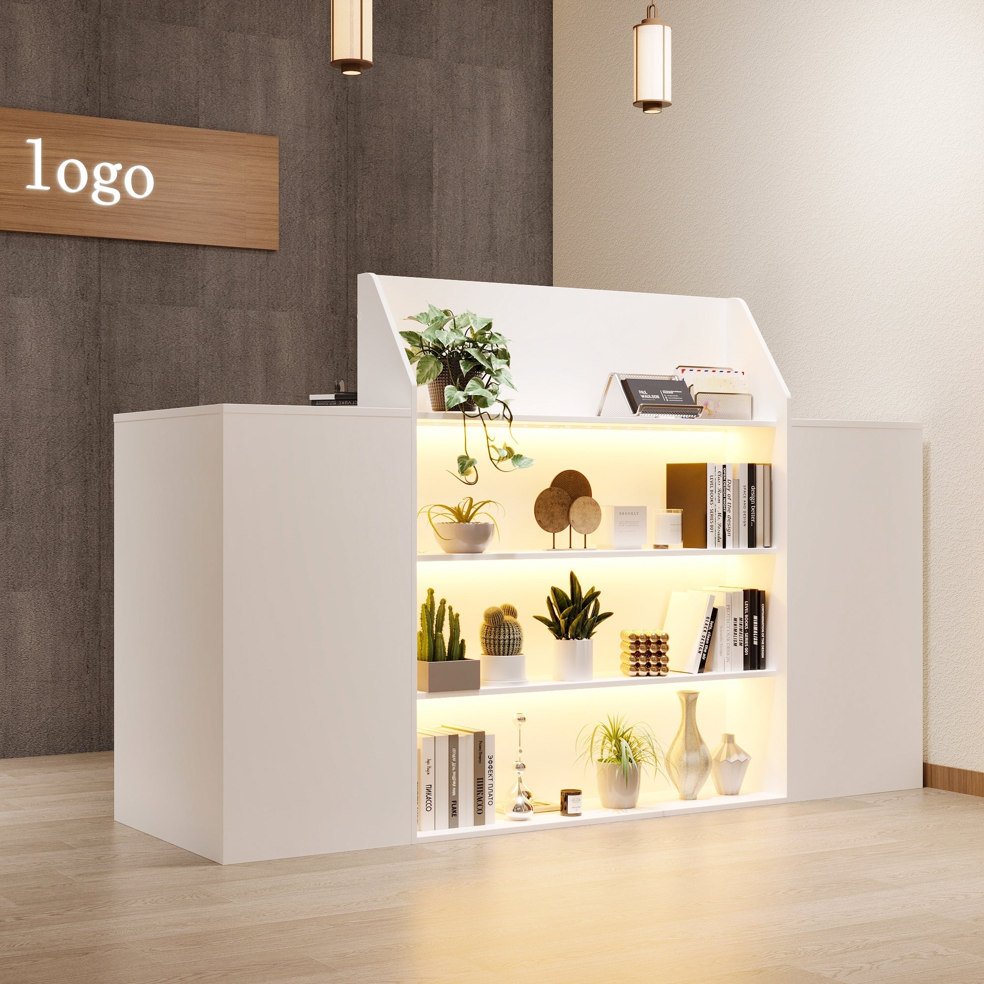 Reception Desk Checkout Counter With Led Display Shelves Locking Drawer And Storage Cabinets