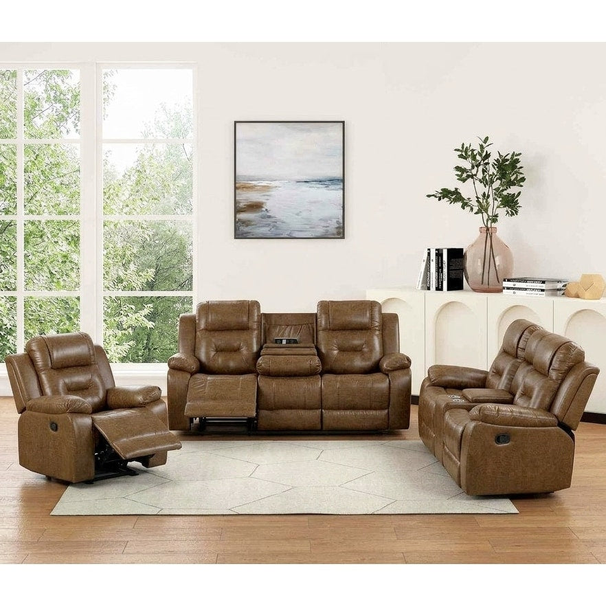 Recliner Set Loveseat Chair Sofa Storage Console Brown Faux Leather