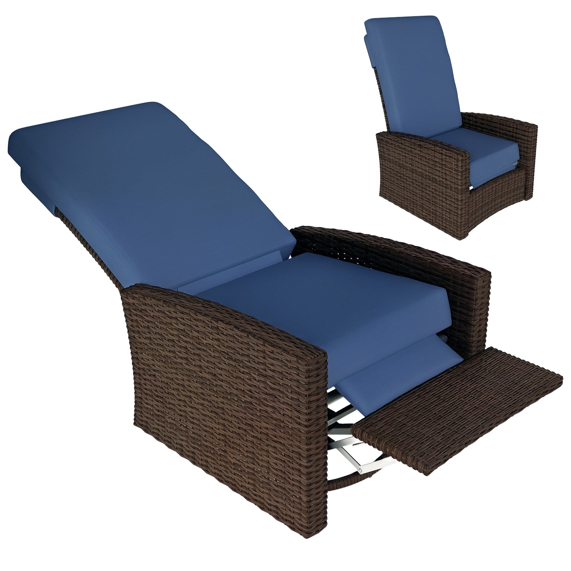 Reclining Rattan 360 Swivel Chair Cushioned Recliner Dark Blue