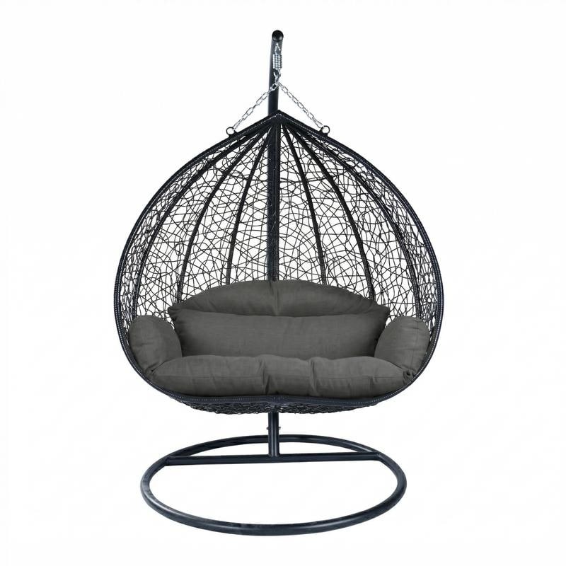 Recluse Teardrop Wicker Egg Swing Chair With Grey Black Stainless Steel Stand 440 Lb Capacity Indoor Outdoor Hanging Chair