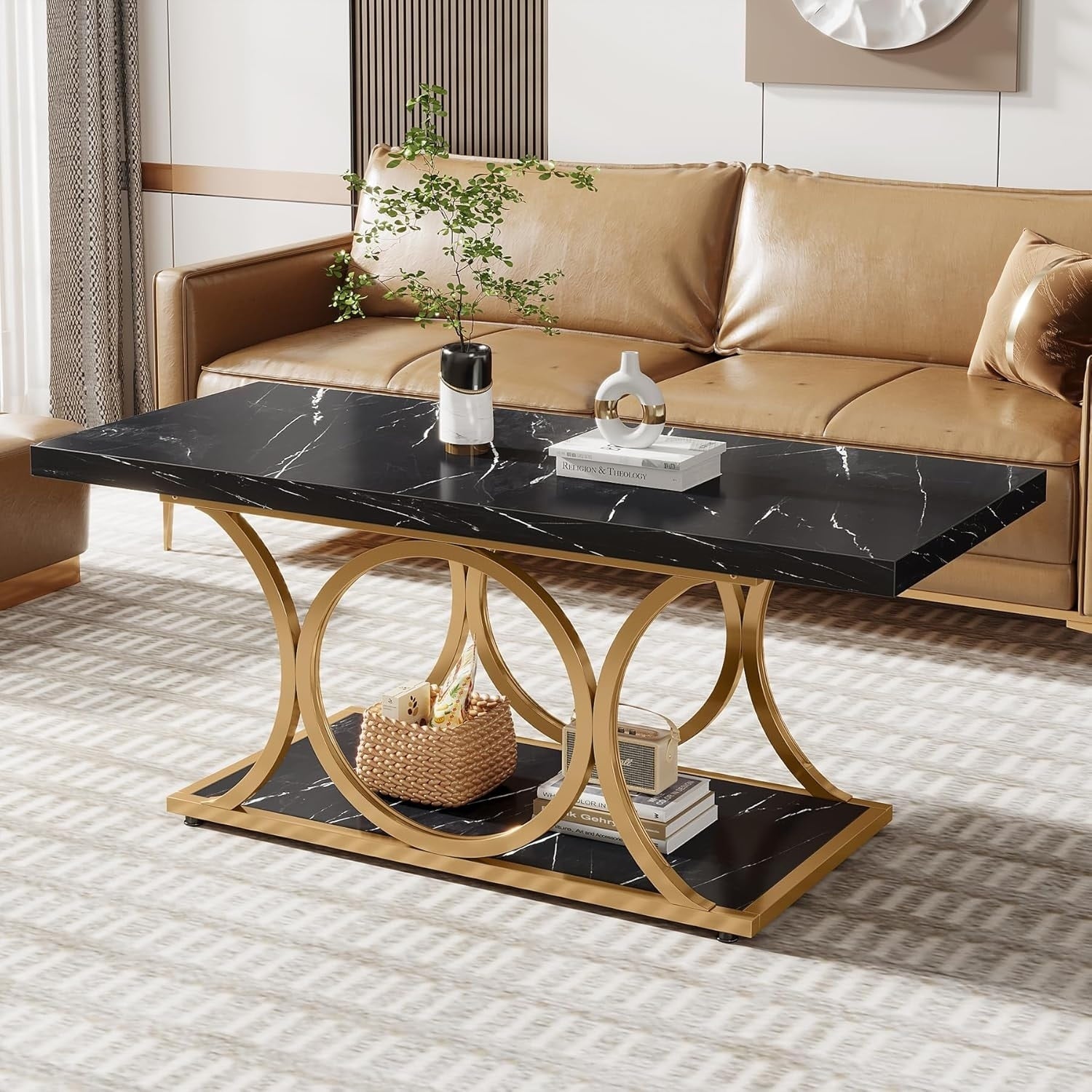 Rectangle Coffee Table 2 Tier Faux Marble Wood Coffee Table