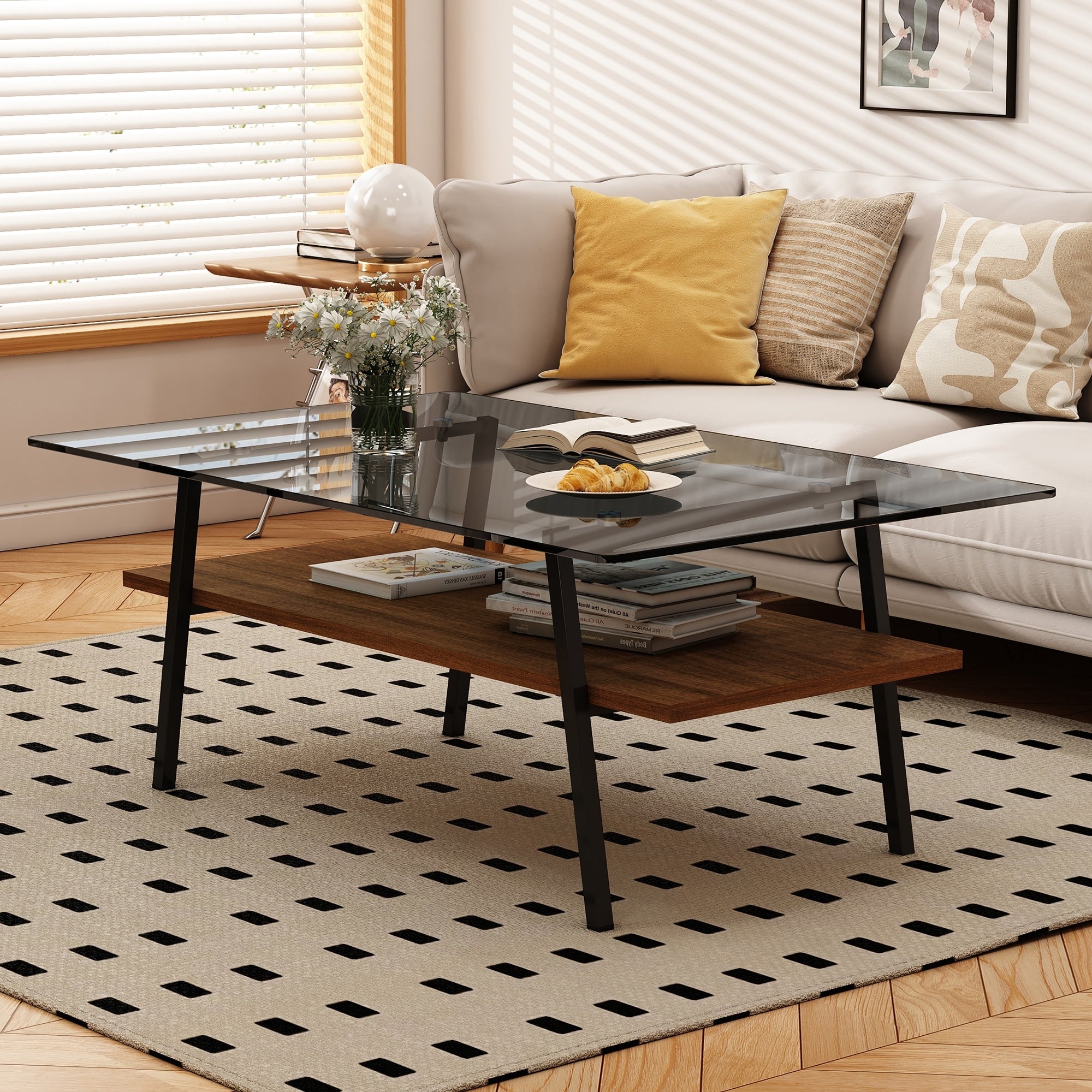 Rectangle Coffee Table Tempered Glass Tabletop With Black Metal Legs Modern Table For Living Room