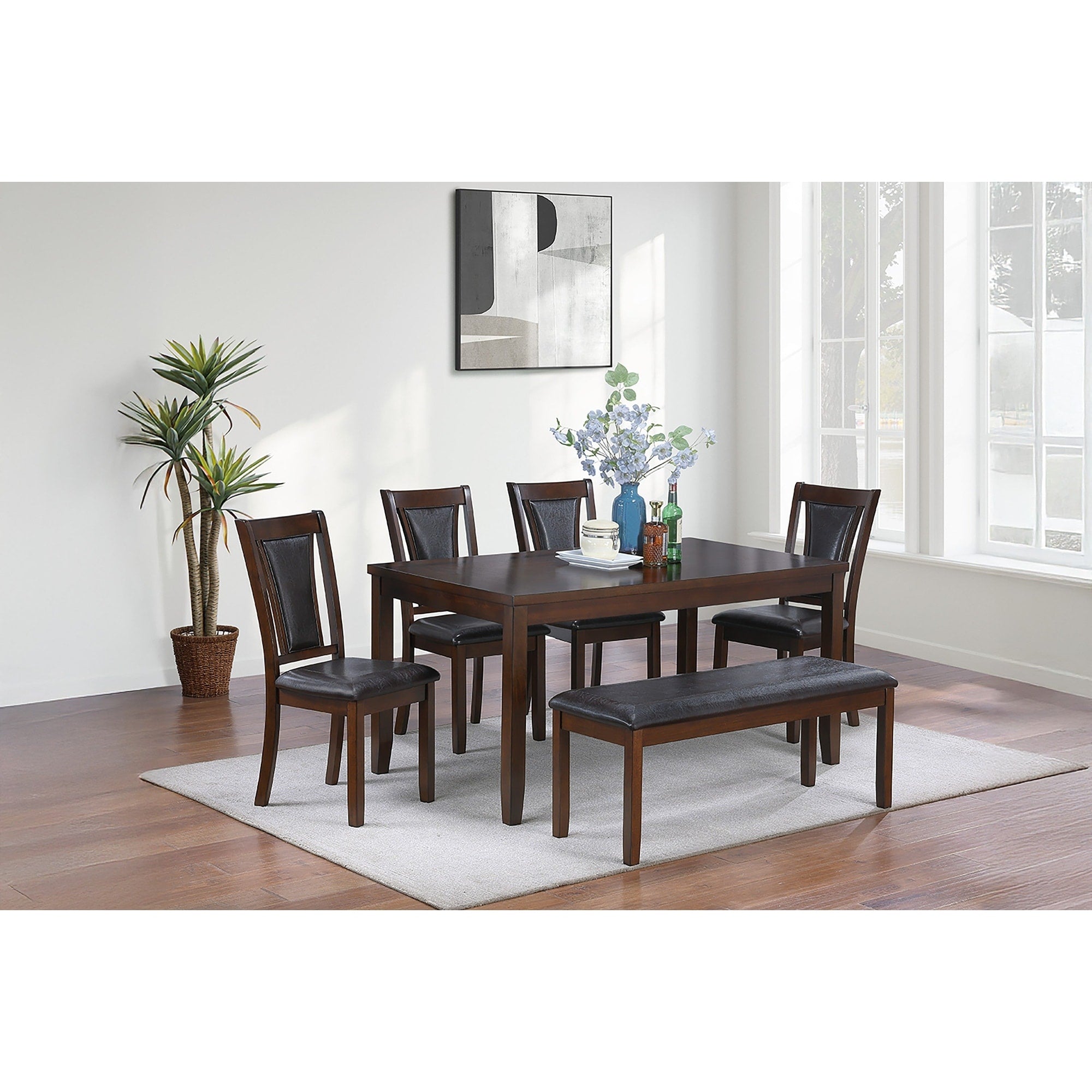 Rectangle Dining Table 6Pc Set Padded Seat And Backrest Walnut Finish