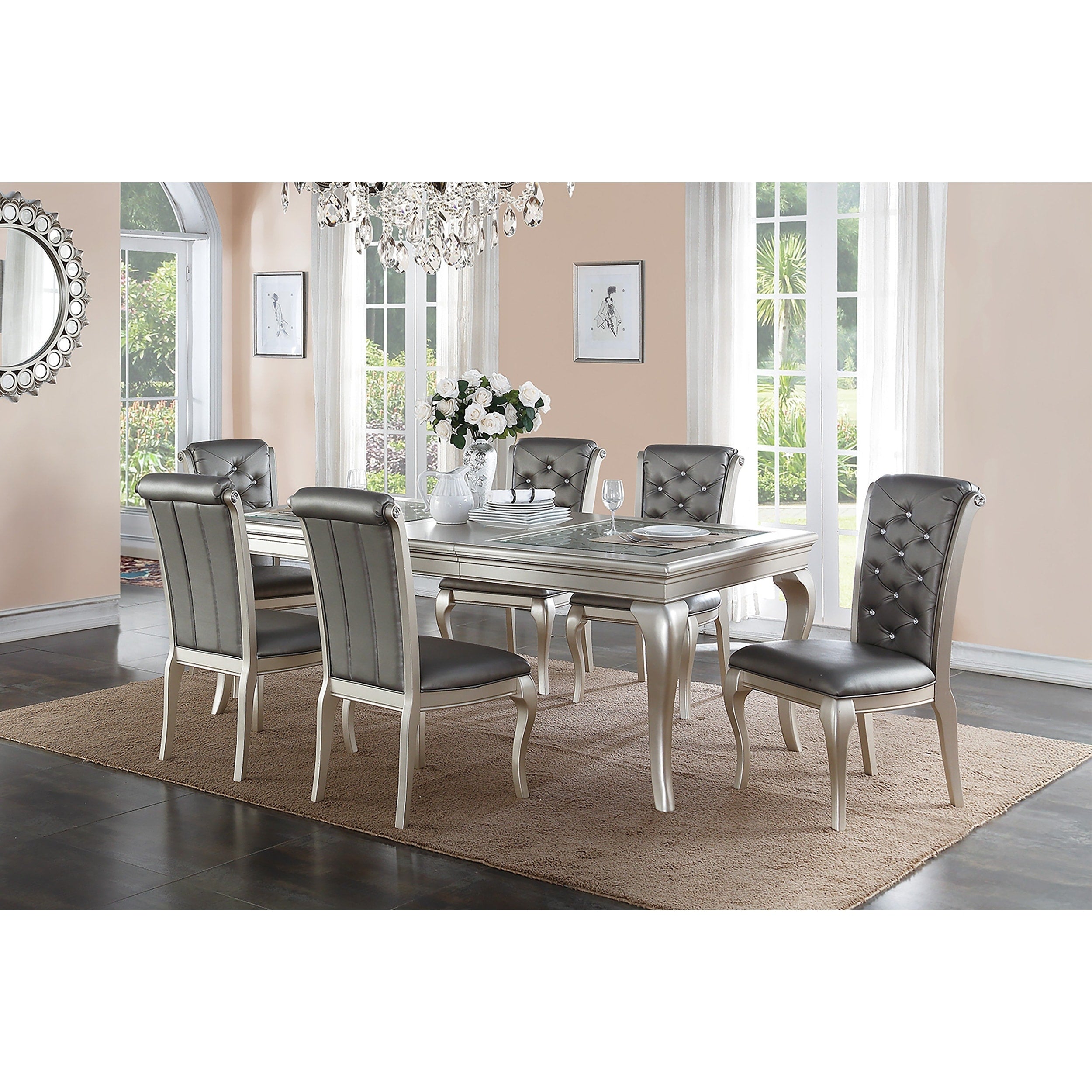Rectangle Dining Table 7Pc 5Mm Glass Top Silver Finish Dining Room Furniture