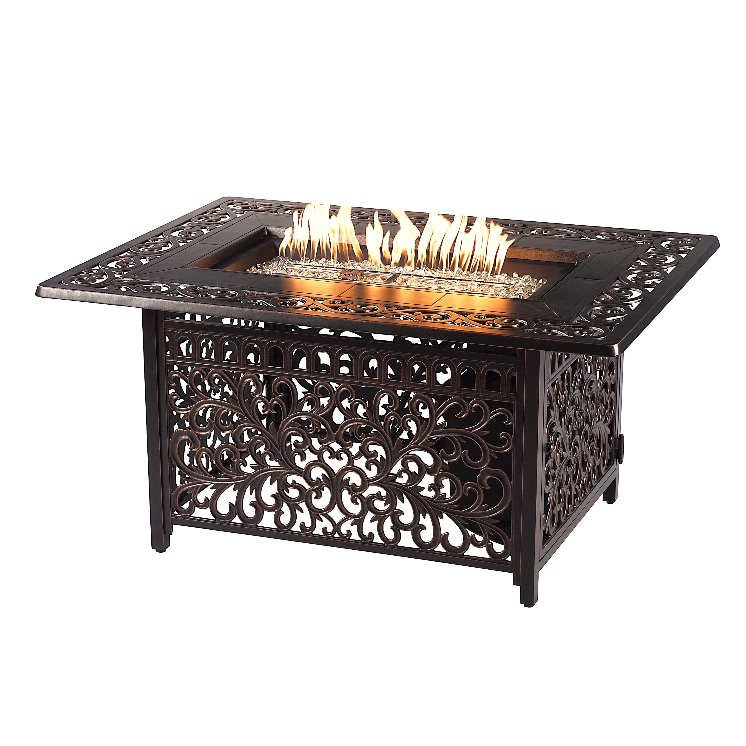 Aluminum Outdoor 48 In. Rectangular Propane Fire Table With Wind Blockers Fire Beads Lid Fabric Cover. Antique Copper Finish