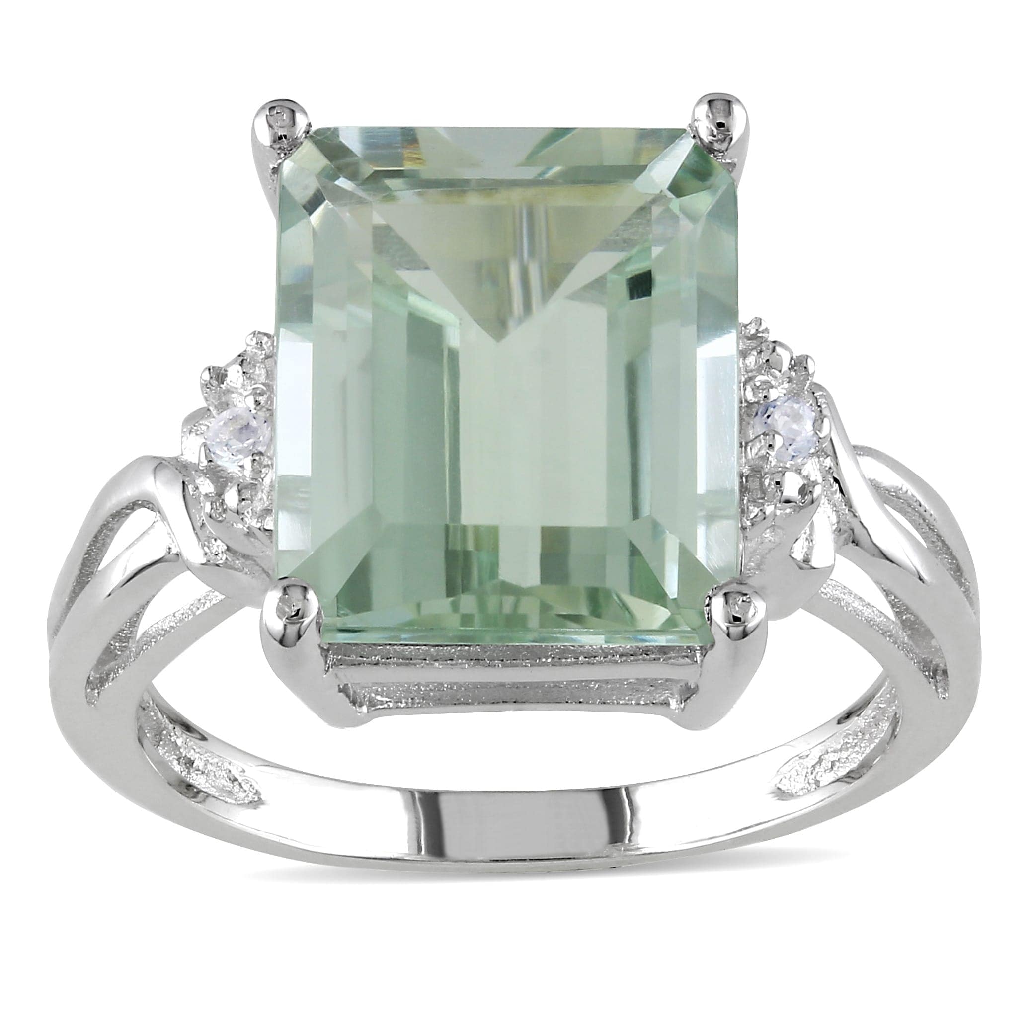 Miadora Sterling Silver Octagon Cut Green Amethyst And White Topaz Split Shank Cocktail Ring
