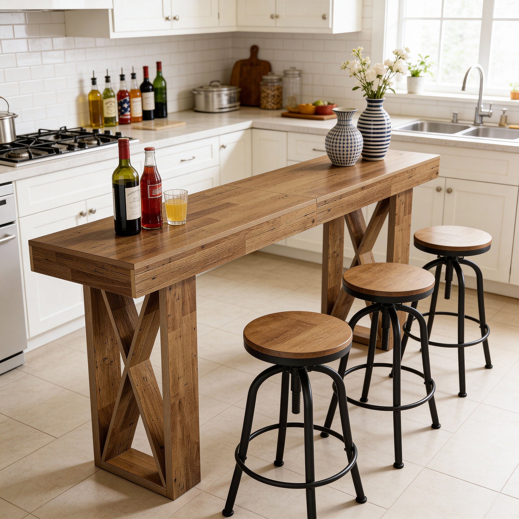 Rectangular Bar Table With Wooden X Shaped Frame