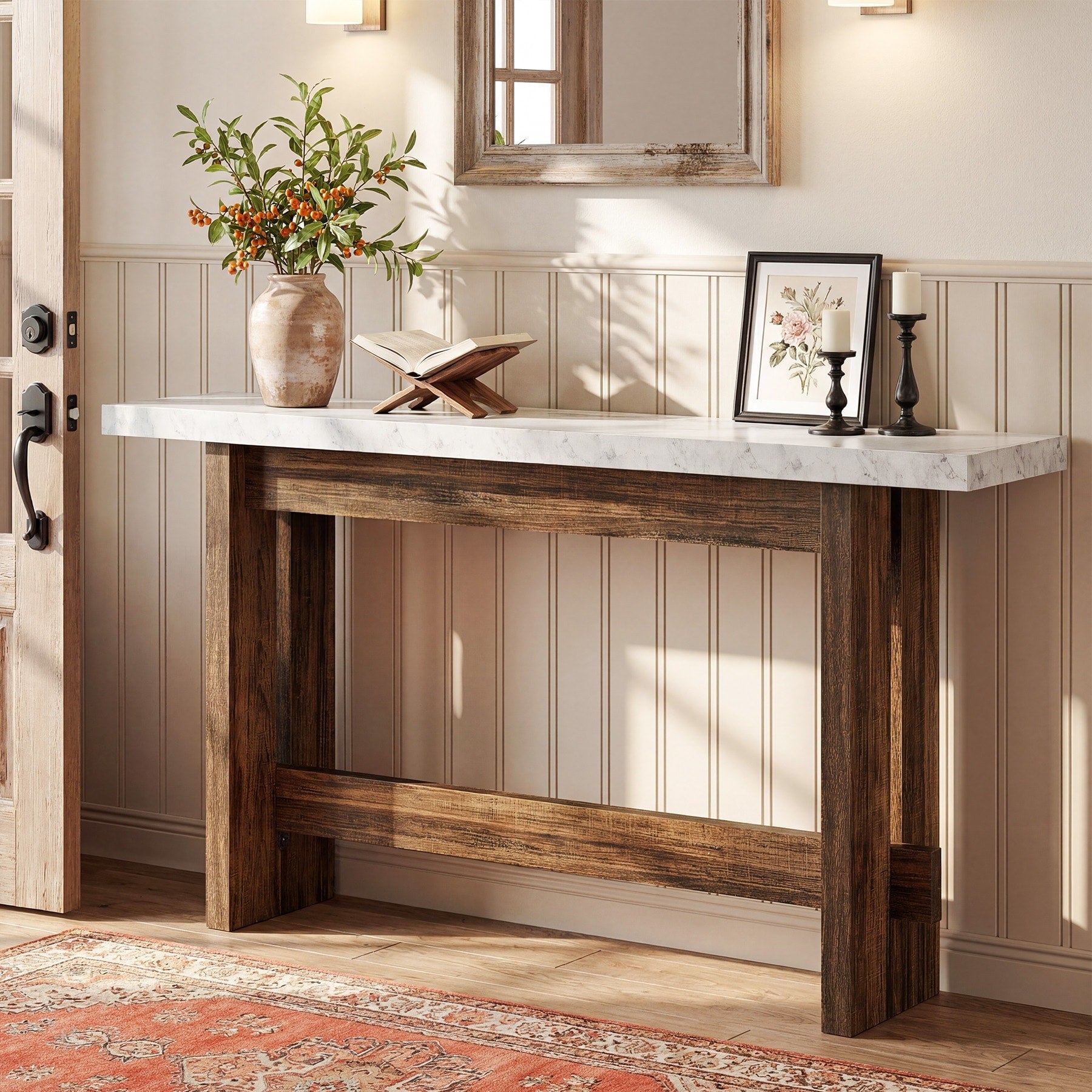 Rectangular Console Table 63 Entryway Table With Faux Marble Top Long Sofa Couch Table For Hallway Living Room Entrance