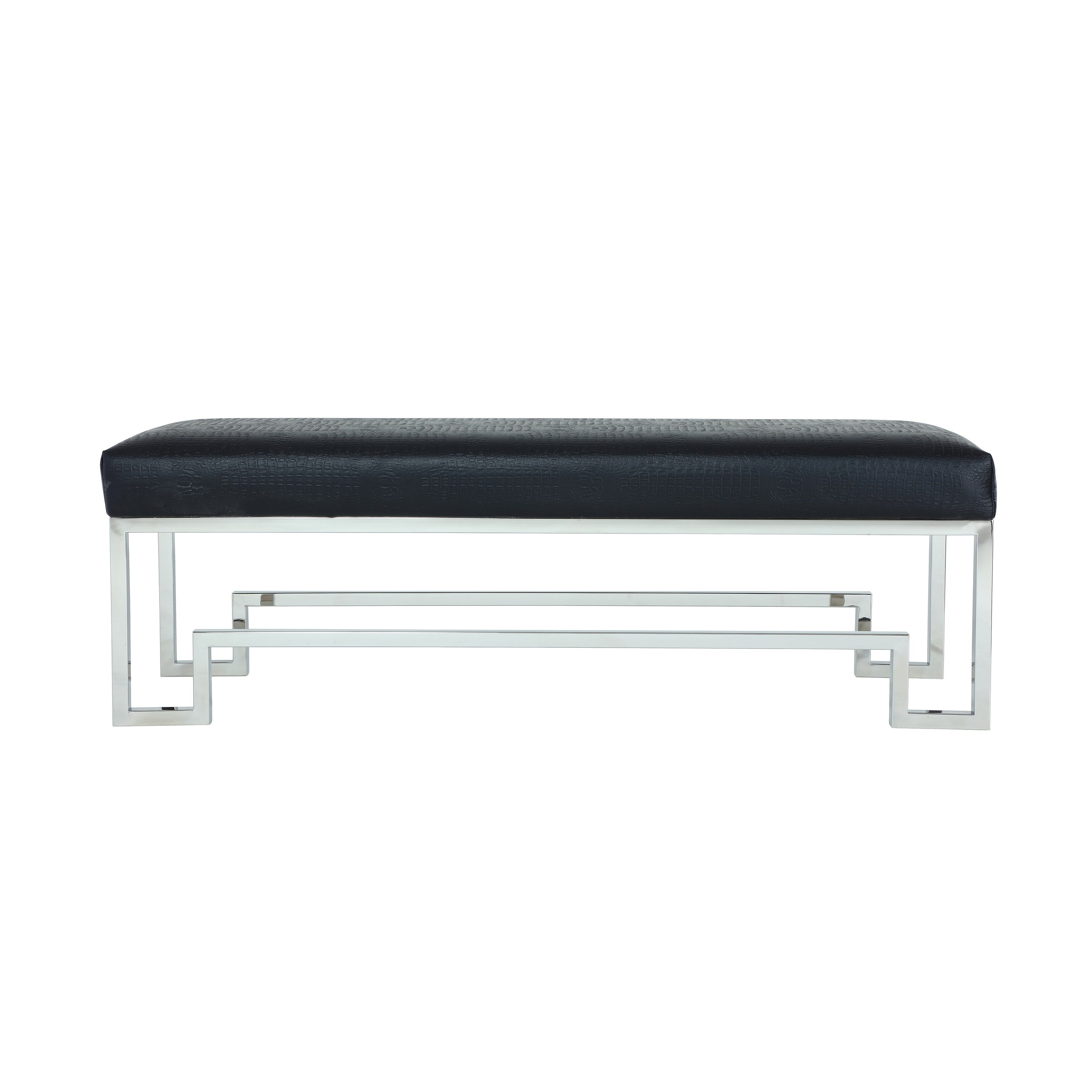 Rectangular Faux Leather Upholstered Bench With Stainless Steel Base Silver And Black