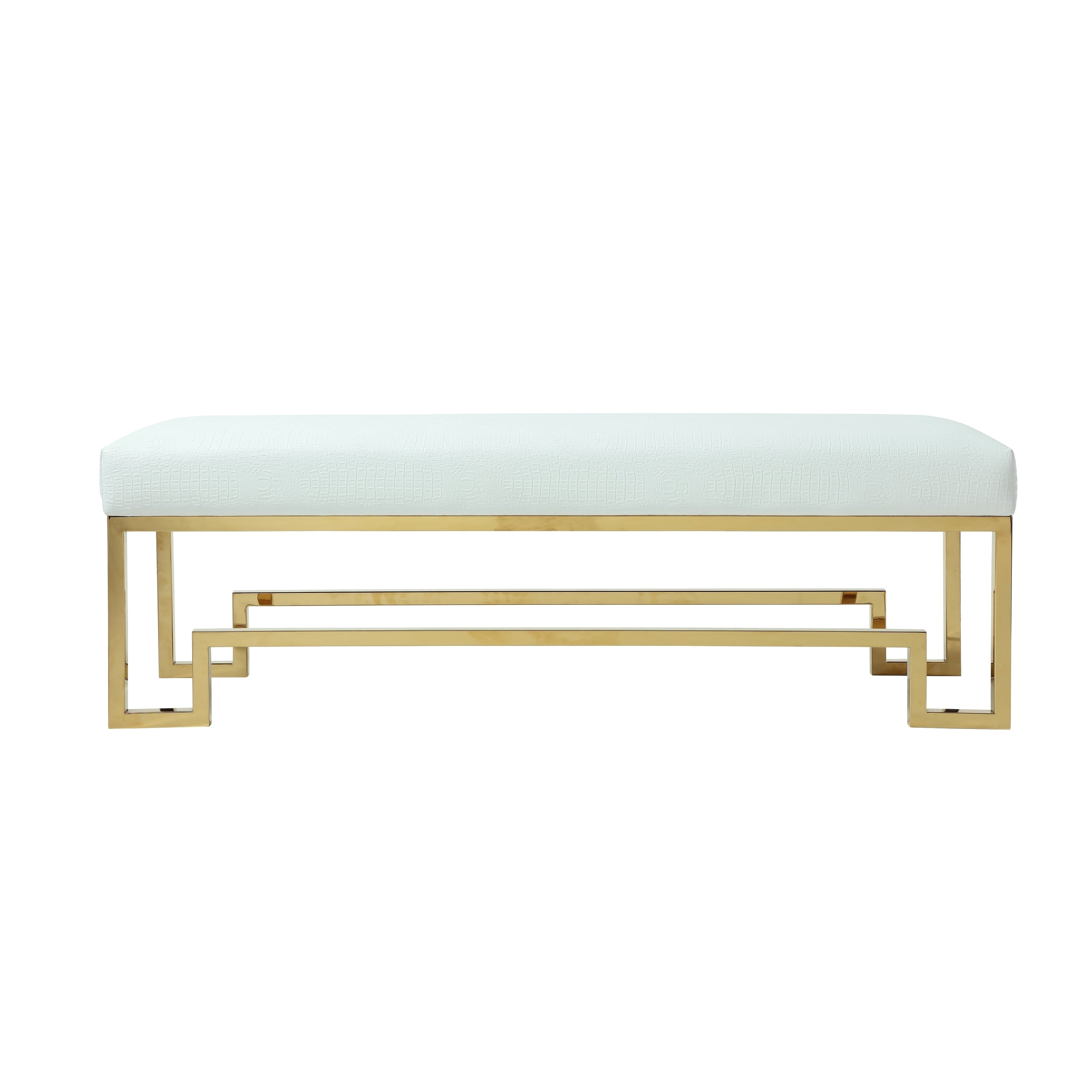 Rectangular Faux Leather Upholstered Bench With Stainless Steel Base White And Gold