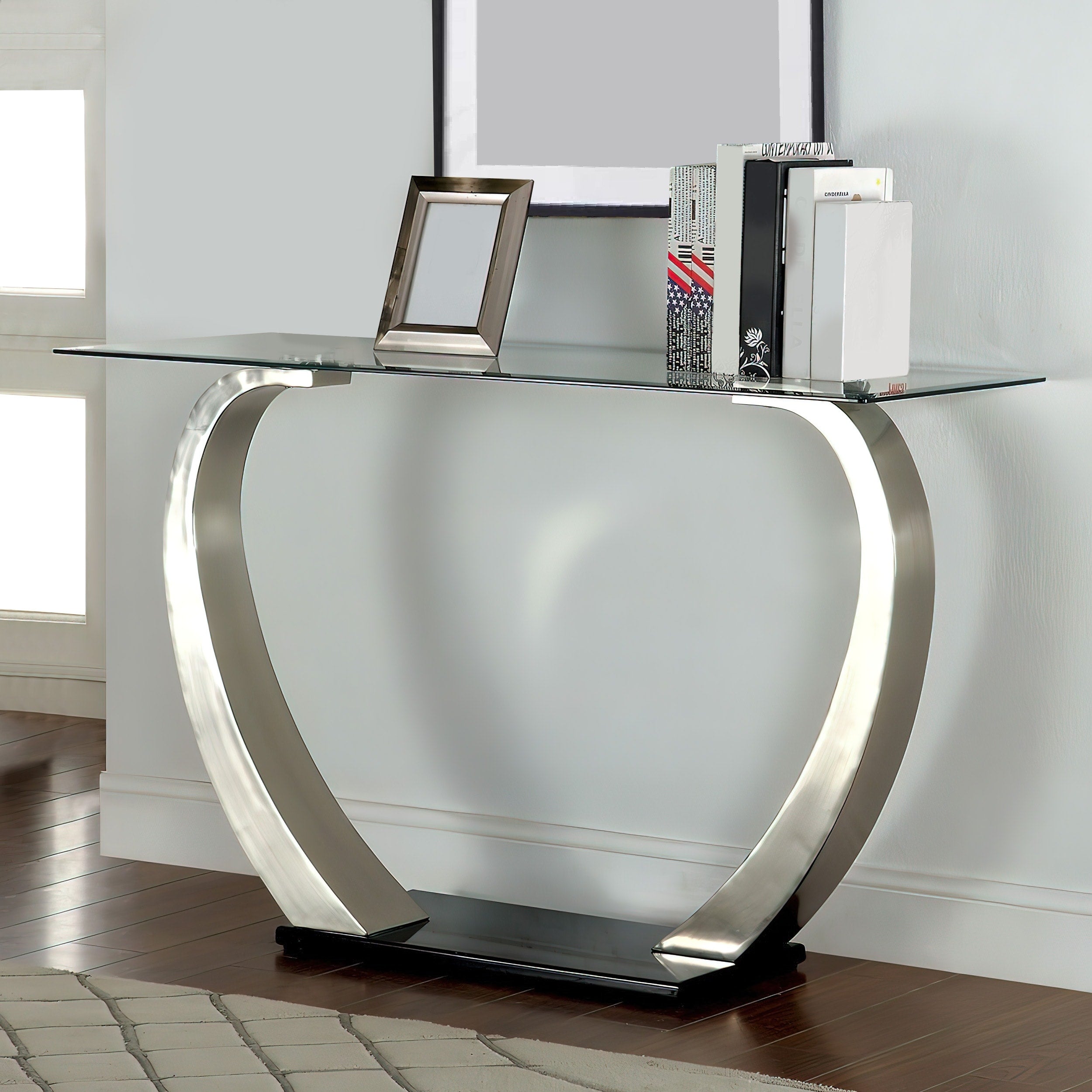 Rectangular Glass Top Sofa Table With Curved Pedestal Base Black And Gray