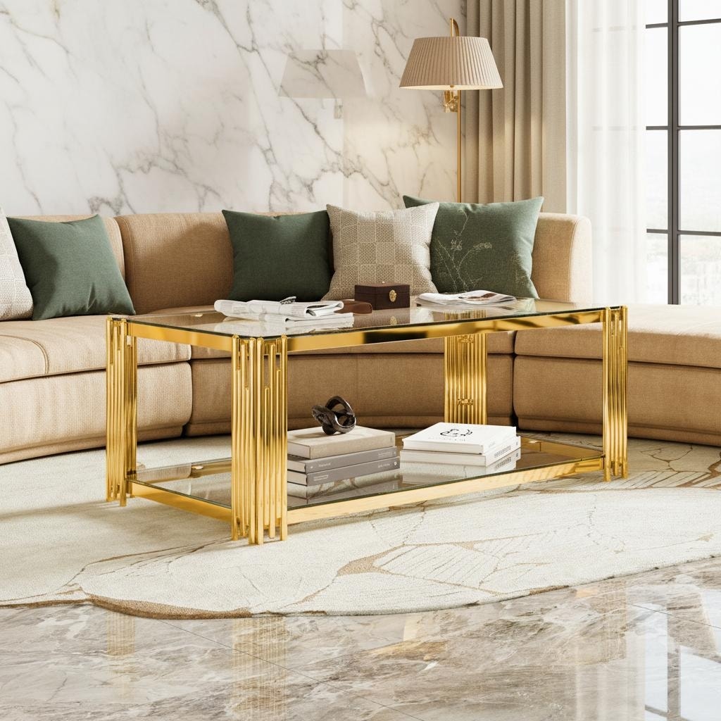 Rectangular Gold Glass Coffee Table With 2 Tier Shelf By Harper Bright Designs