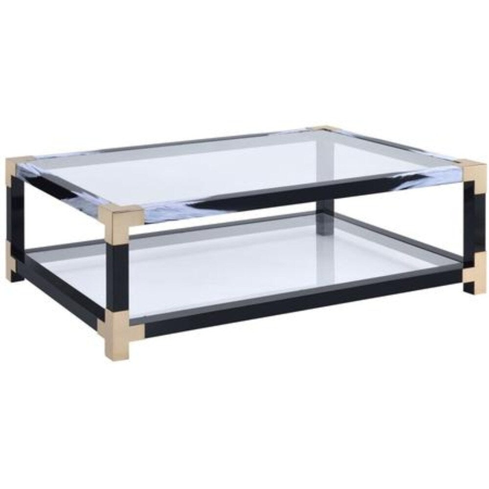 Rectangular Metal Coffee Table With Glass Top And Shelf Black