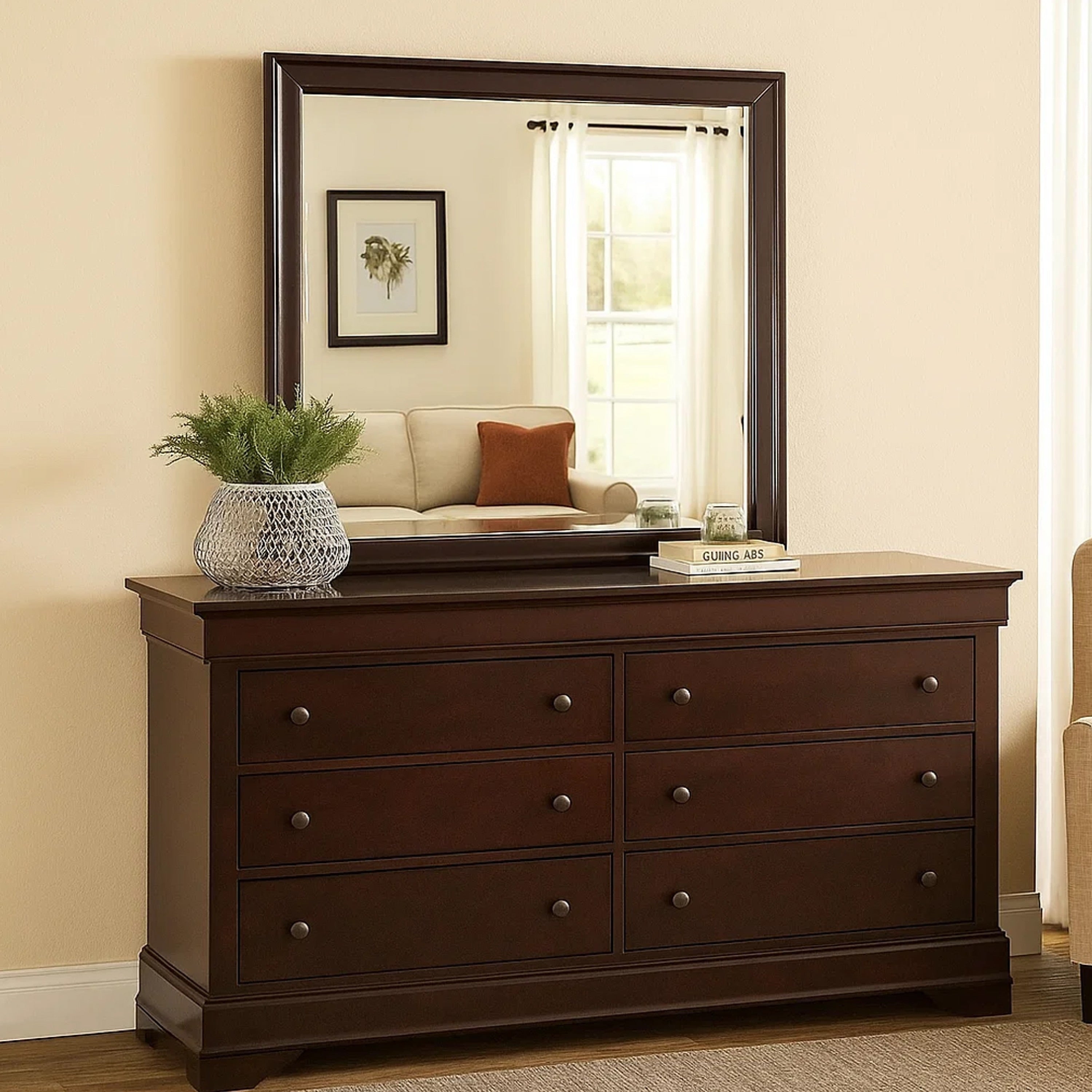 Rectangular Molded Wooden Frame Dresser Top Mirror Cherry Brown And Silver