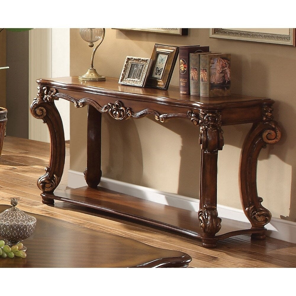 Rectangular Sofa Table With Scrolled Leg And Bottom Shelf Cherry Brown