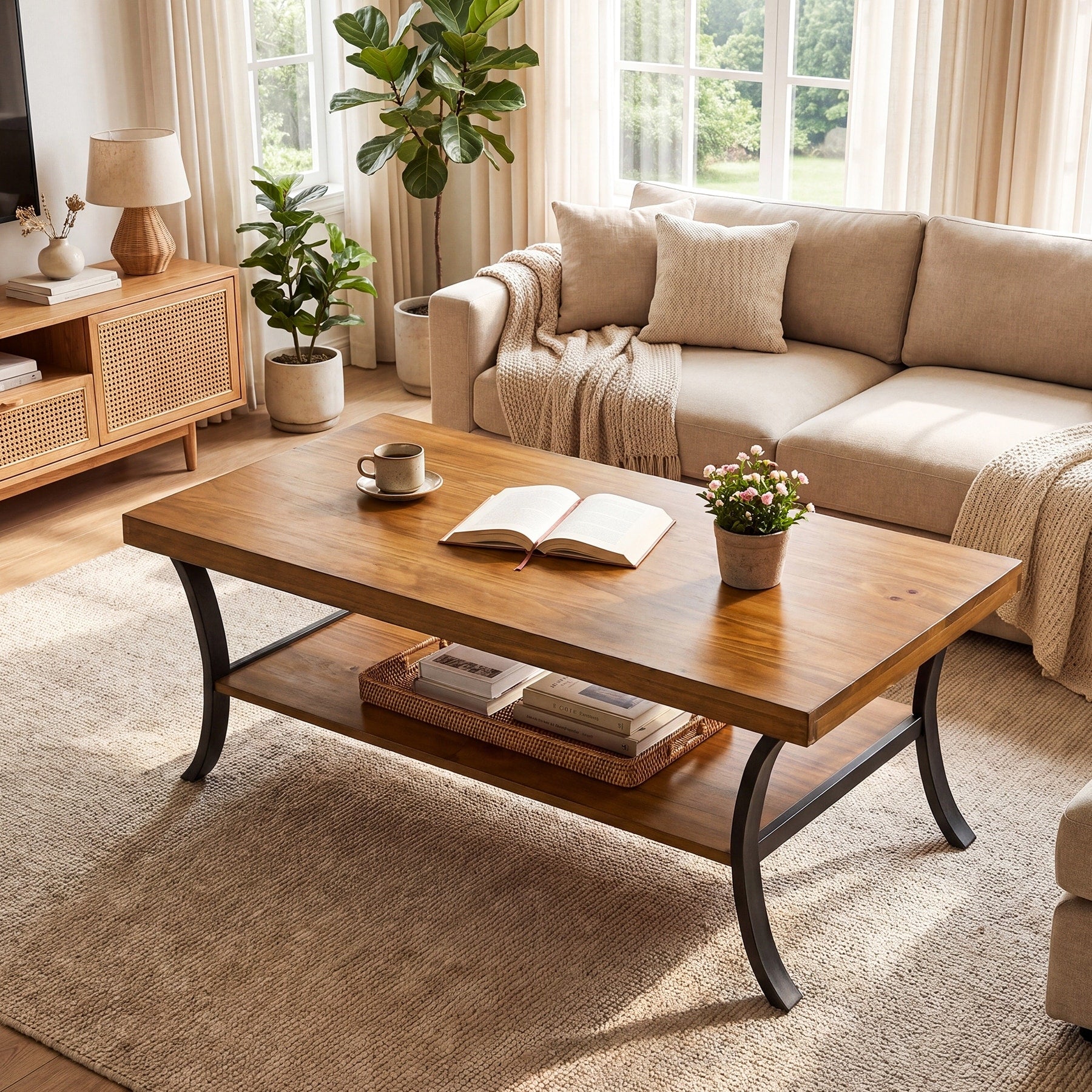Rectangular Solid Wood Coffee Table With Storage Shelf 2 Tier Living Room Tea Table 47 Center Table For Home Office
