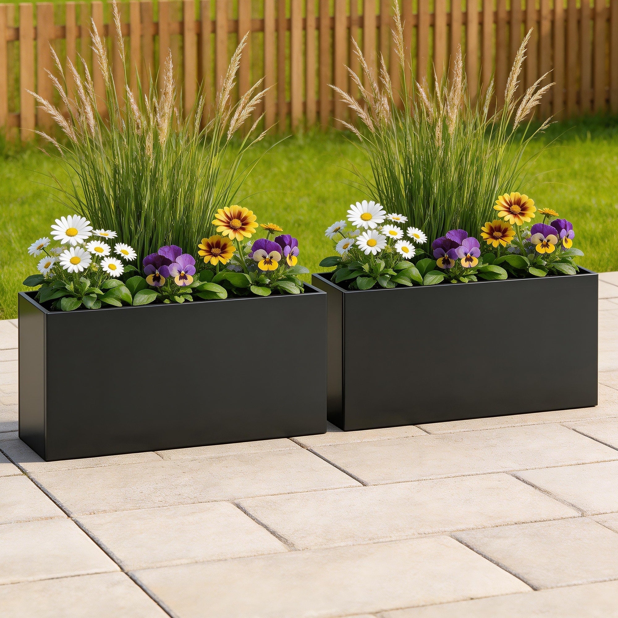 Rectangular Steel Outdoor Raised Garden Bed Planter Box With Drainage Set Of 2