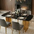 Rectangular Tempered Glass Dining Table For 6 Featuring A Marble Patterned Design With Golden Hollow Out Metal Legs