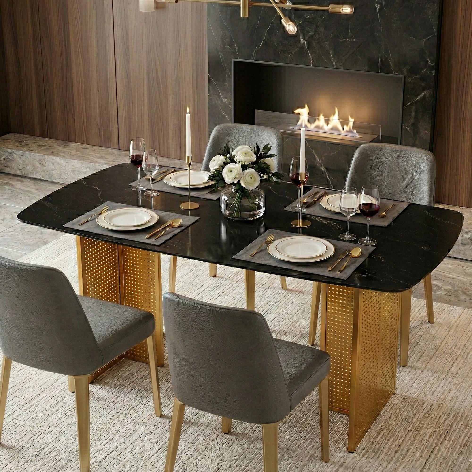 Rectangular Tempered Glass Dining Table For 6 Featuring A Marble Patterned Design With Golden Hollow Out Metal Legs