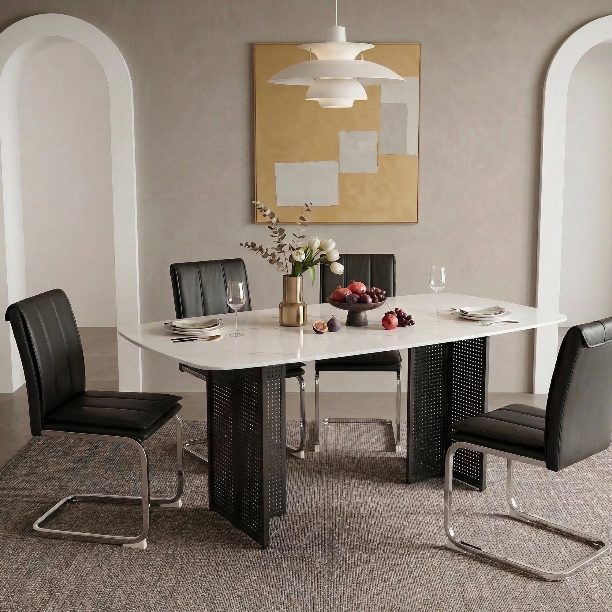 Rectangular Tempered Glass Dining Table For 6 Featuring A Marble Patterned Design With Black Hollow Out Metal Legs