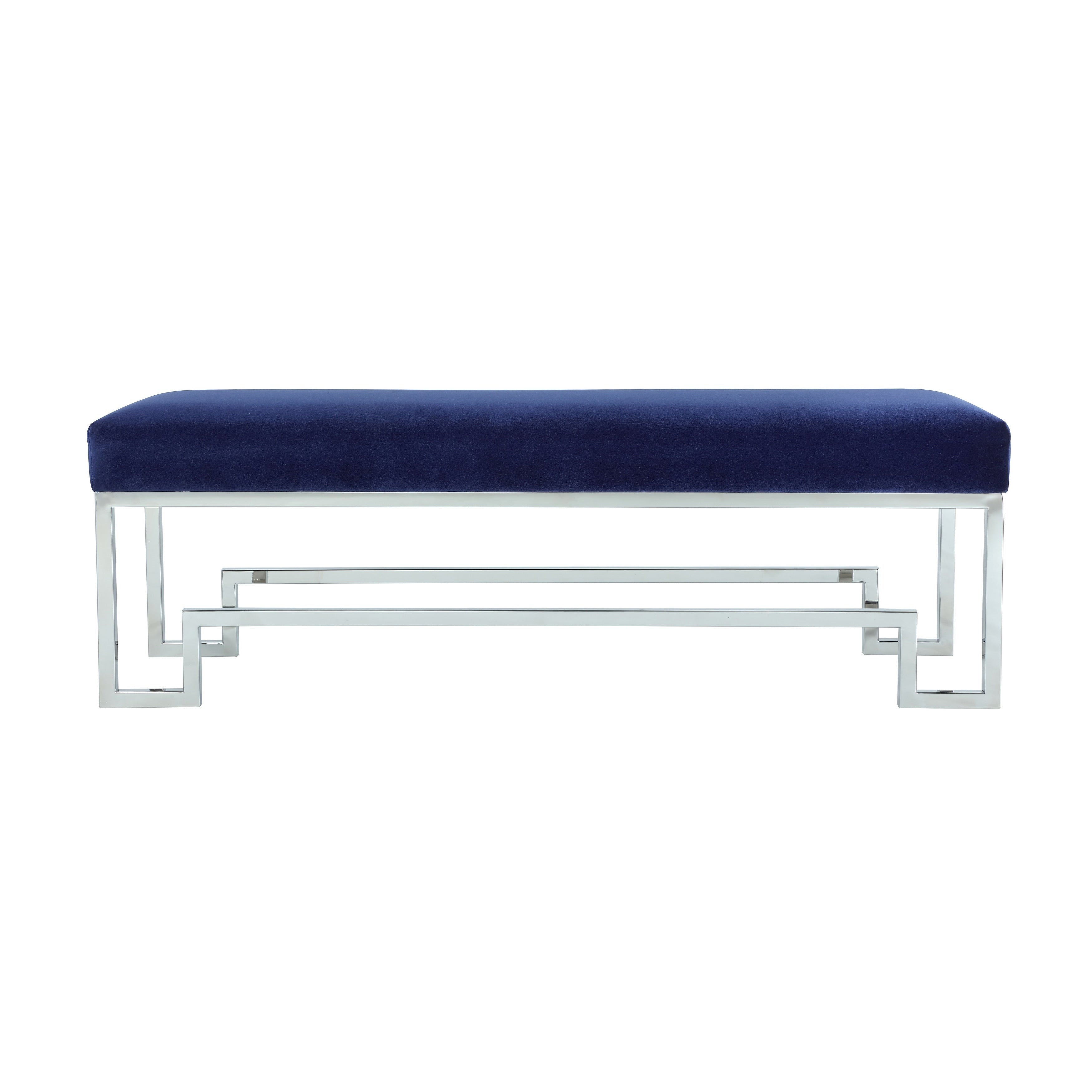Rectangular Velvet Upholstered Bench With Stainless Steel Base Blue And Silver