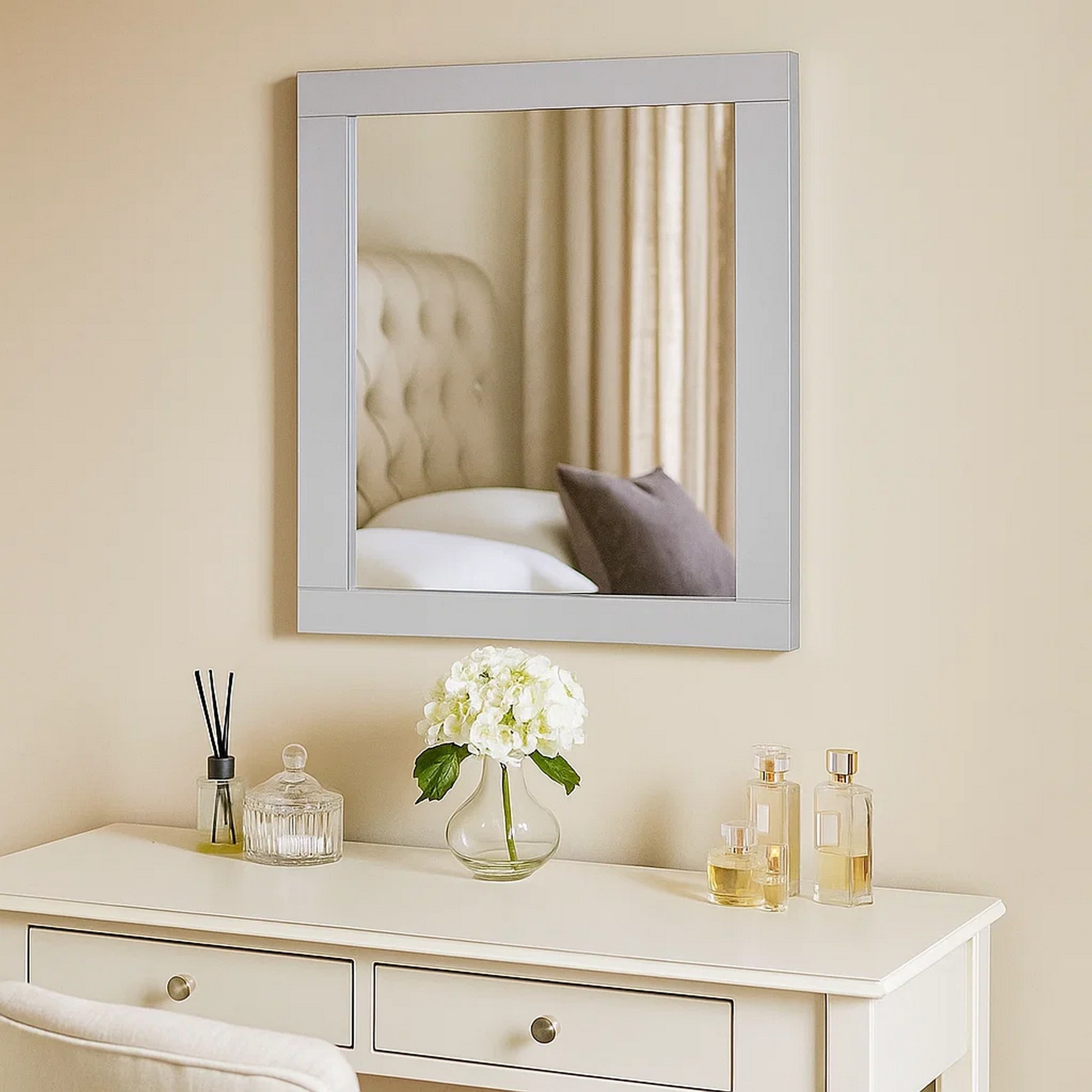 Rectangular Wooden Frame Mirror With Beveled Edges White And Silver