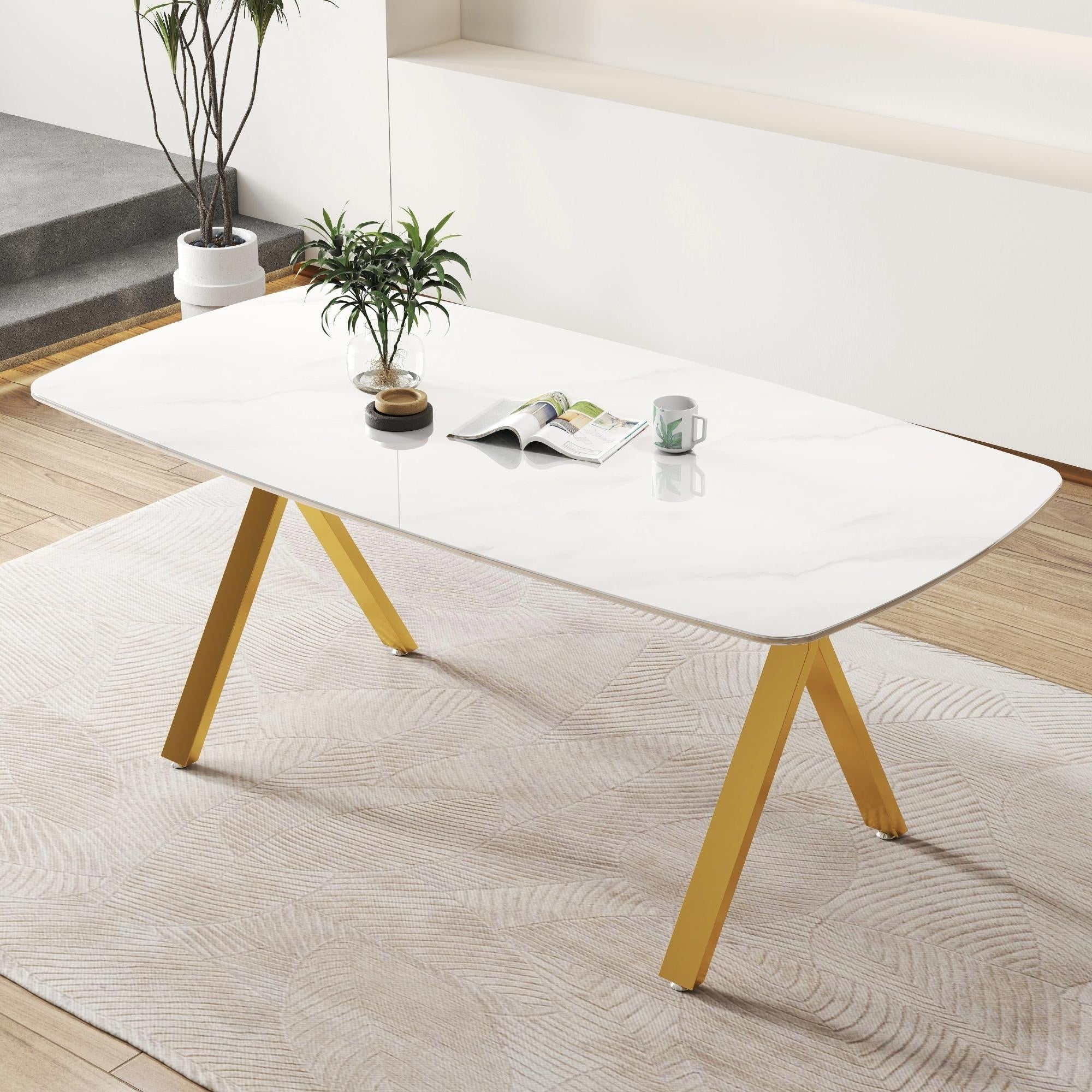 Rectangular Dining Table Featuring A Tempered Glass Tabletop With A Marble Patterned Design For Restaurant Dining Settings