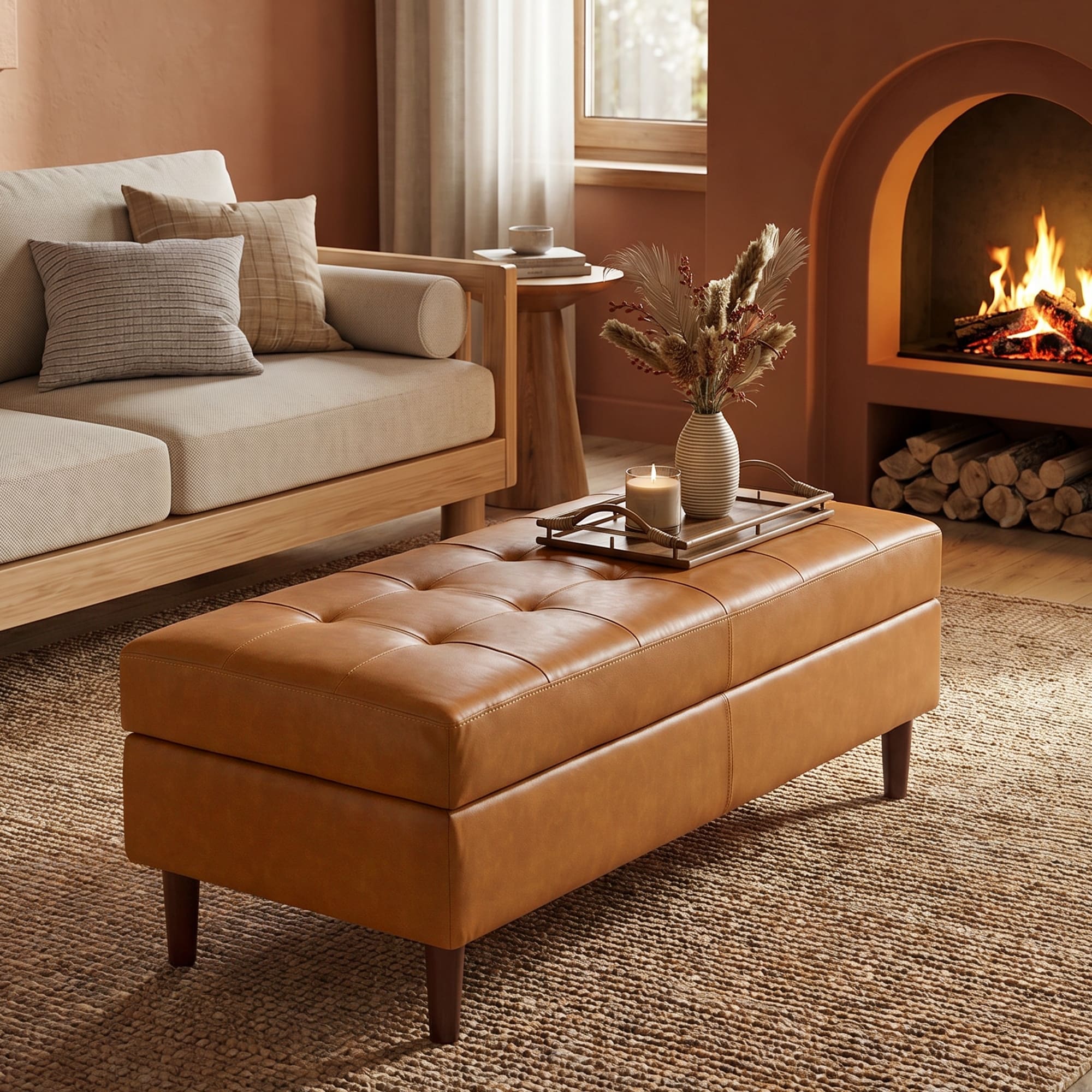 Rectangular Long Legged Footstool Upholstered With Artificial Leather Detachable Cover Plate Without Storage Function.