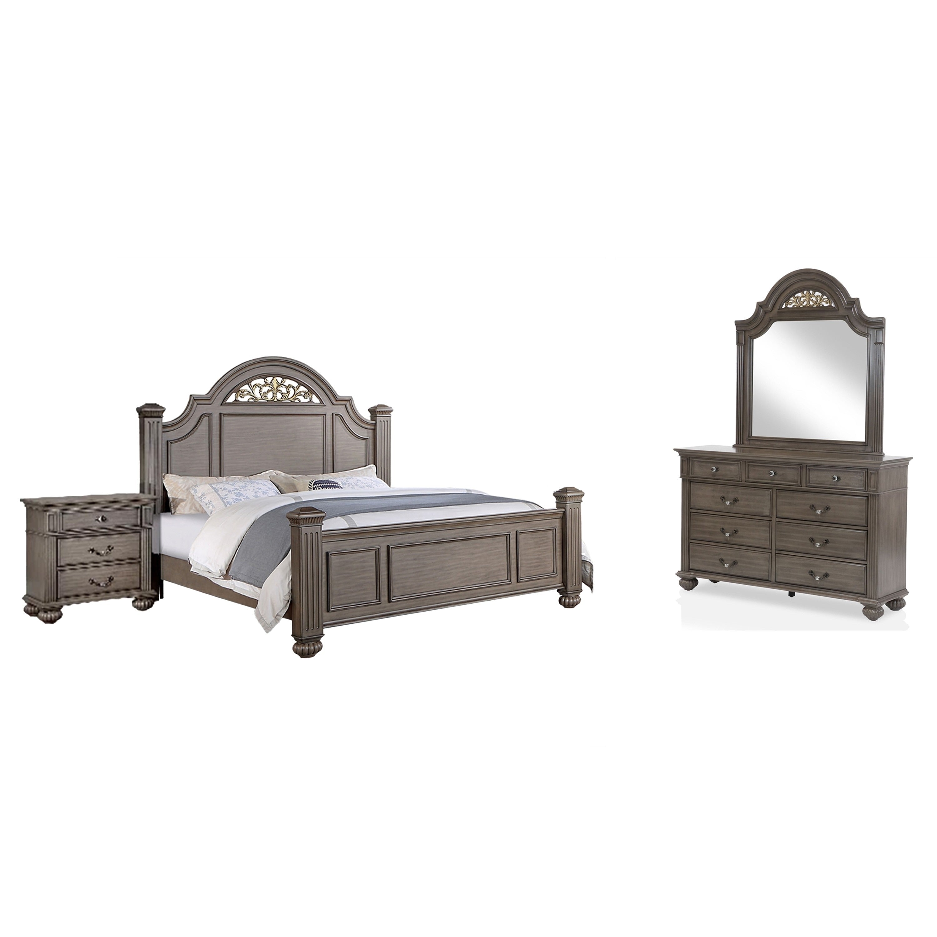 Recus 4Pc Queen Bedroom Set With Carved Floral Details Gray Wood
