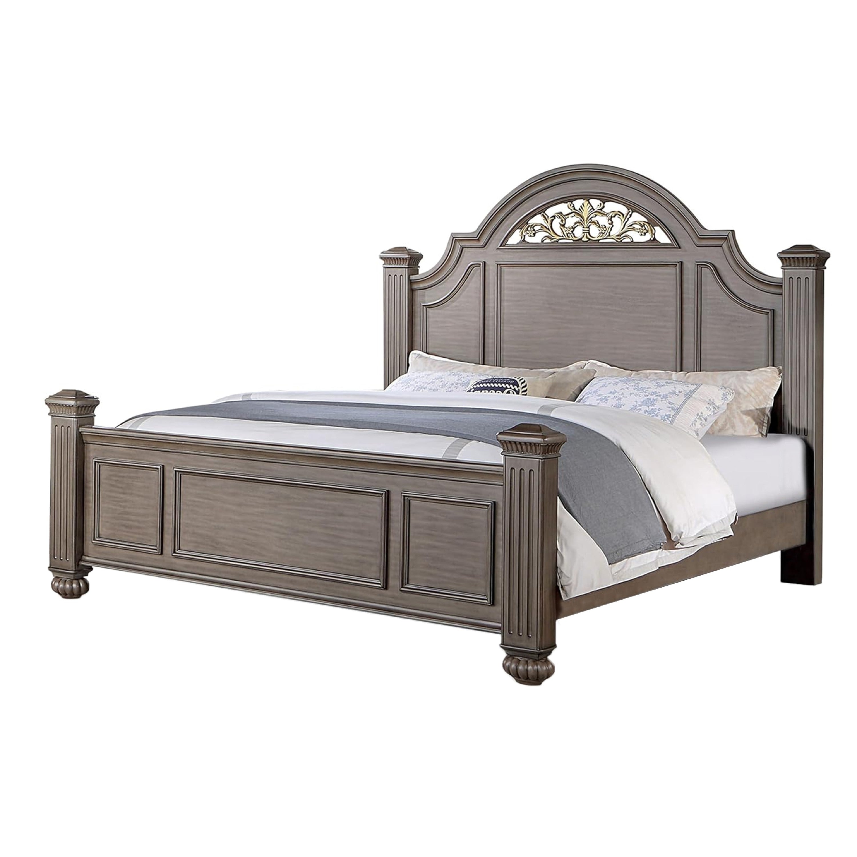 Recus King Bed Carved Floral Details Arched Headboard Gray Wood