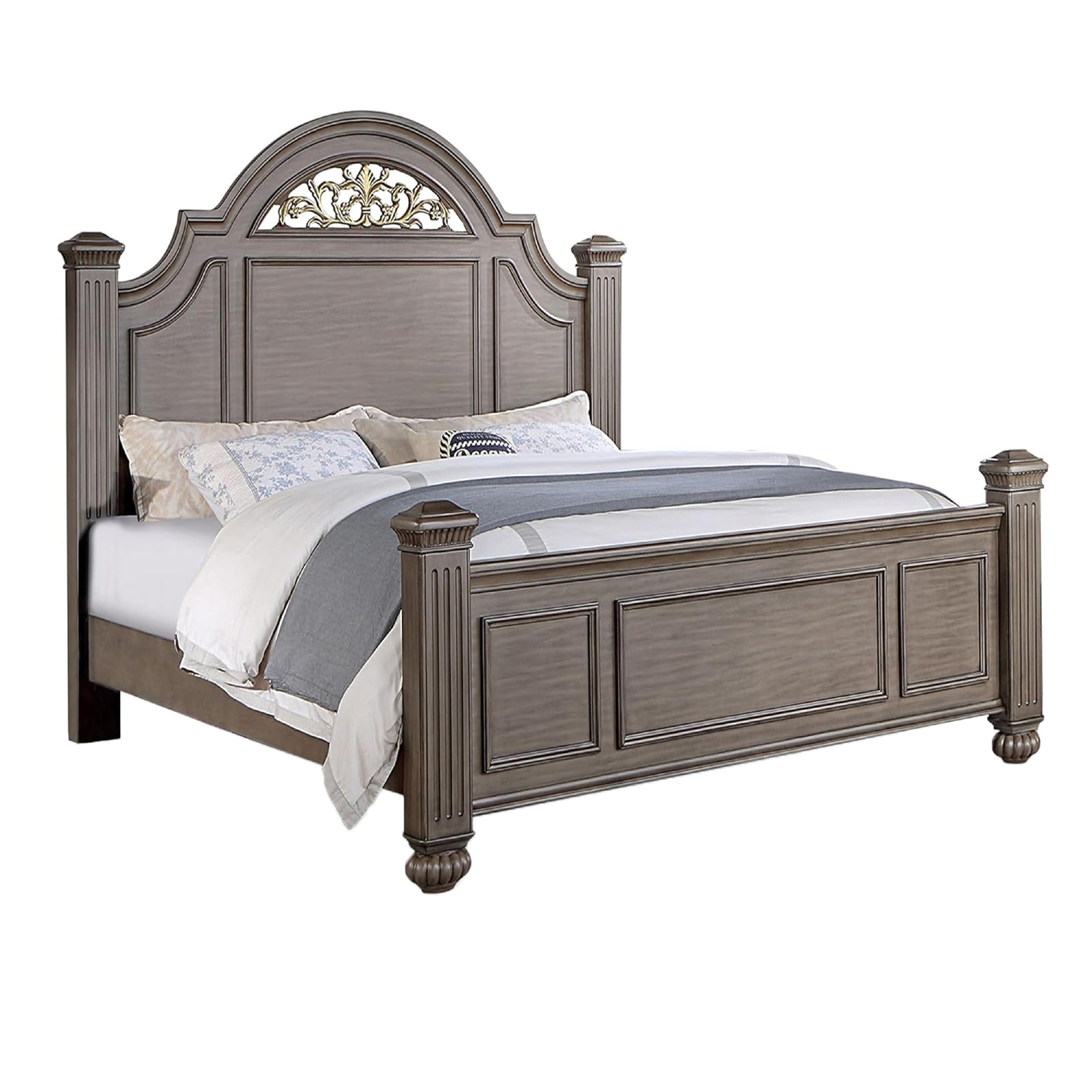 Recus Queen Bed Carved Floral Details Arched Headboard Gray Wood