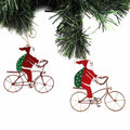Recycled Wire Bike Riding Santa Ornament Set Of 2
