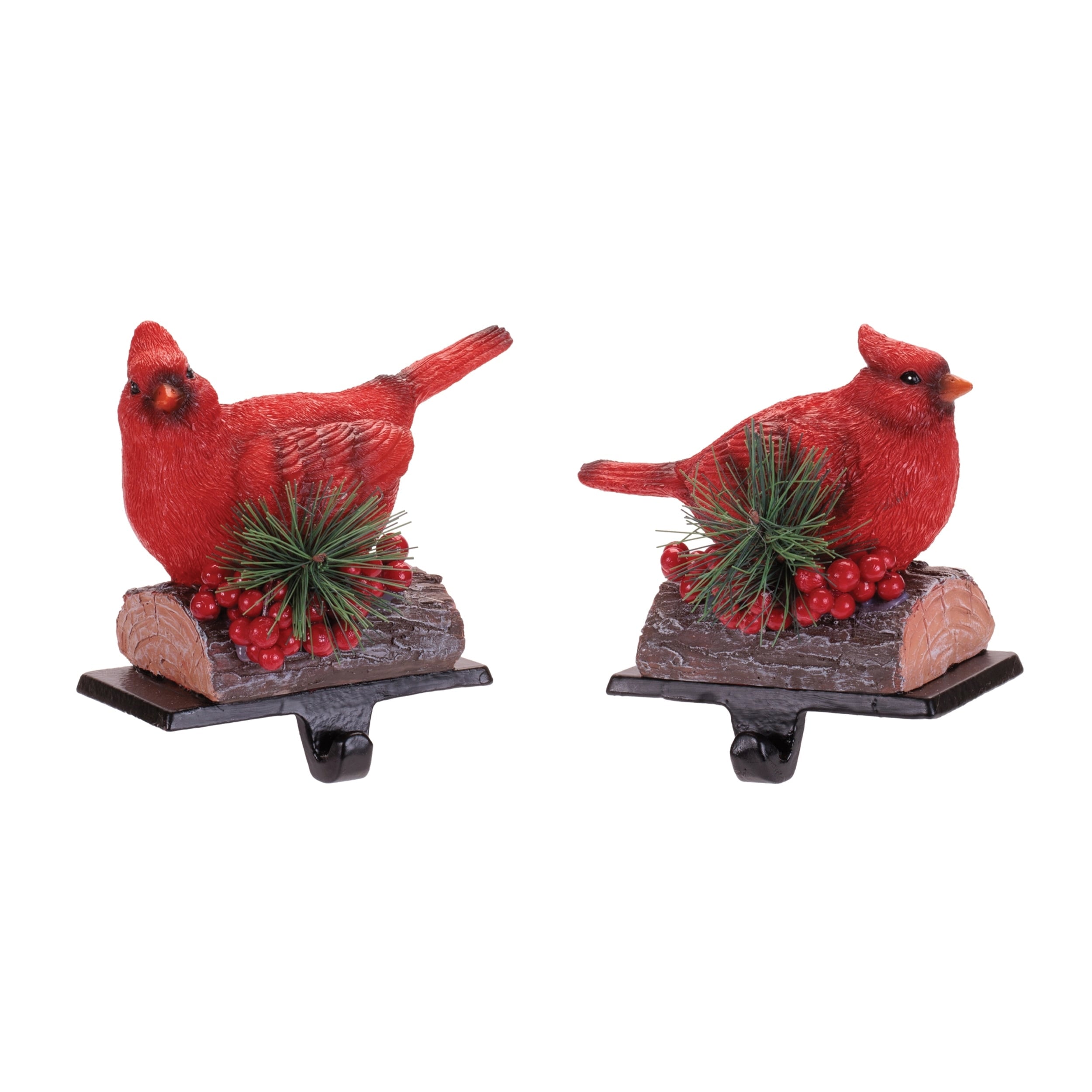 Red Cardinal Stocking Holders With Pine And Berries Set Of 2