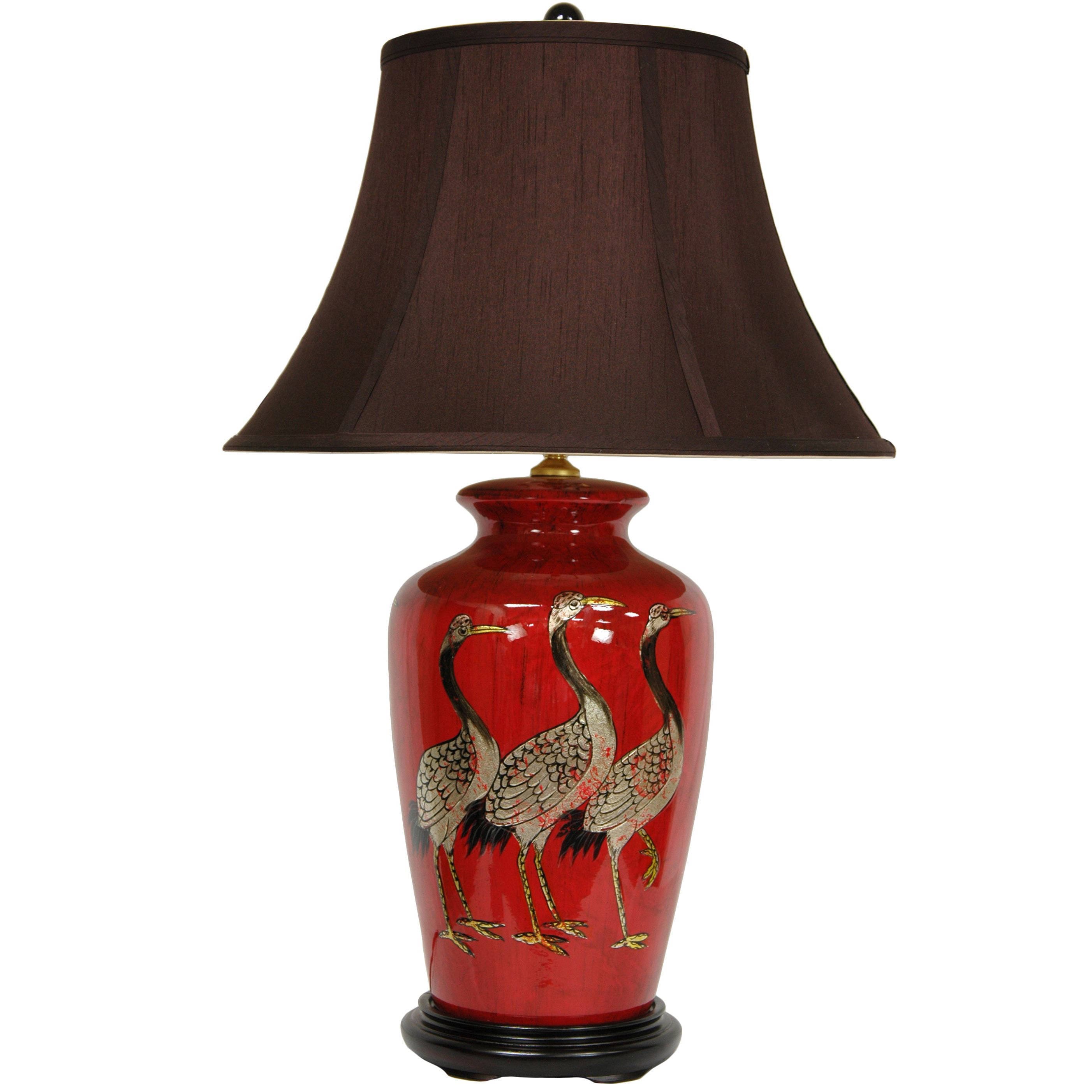 Red Crowned Cranes Porcelain Vase Lamp From China With Sateen Shade