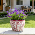 Red Floral Ceramic Planter Round Indoor Outdoor Garden Pot