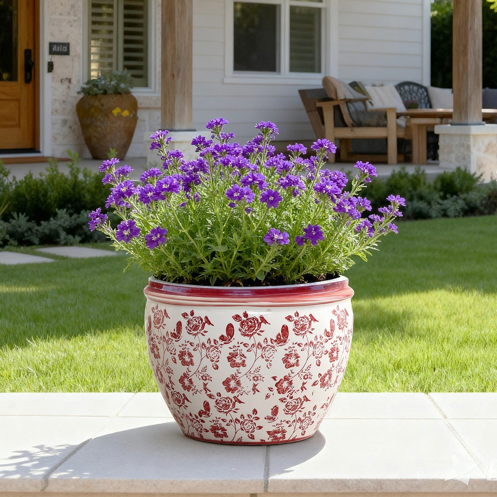 Red Floral Ceramic Planter Round Indoor Outdoor Garden Pot