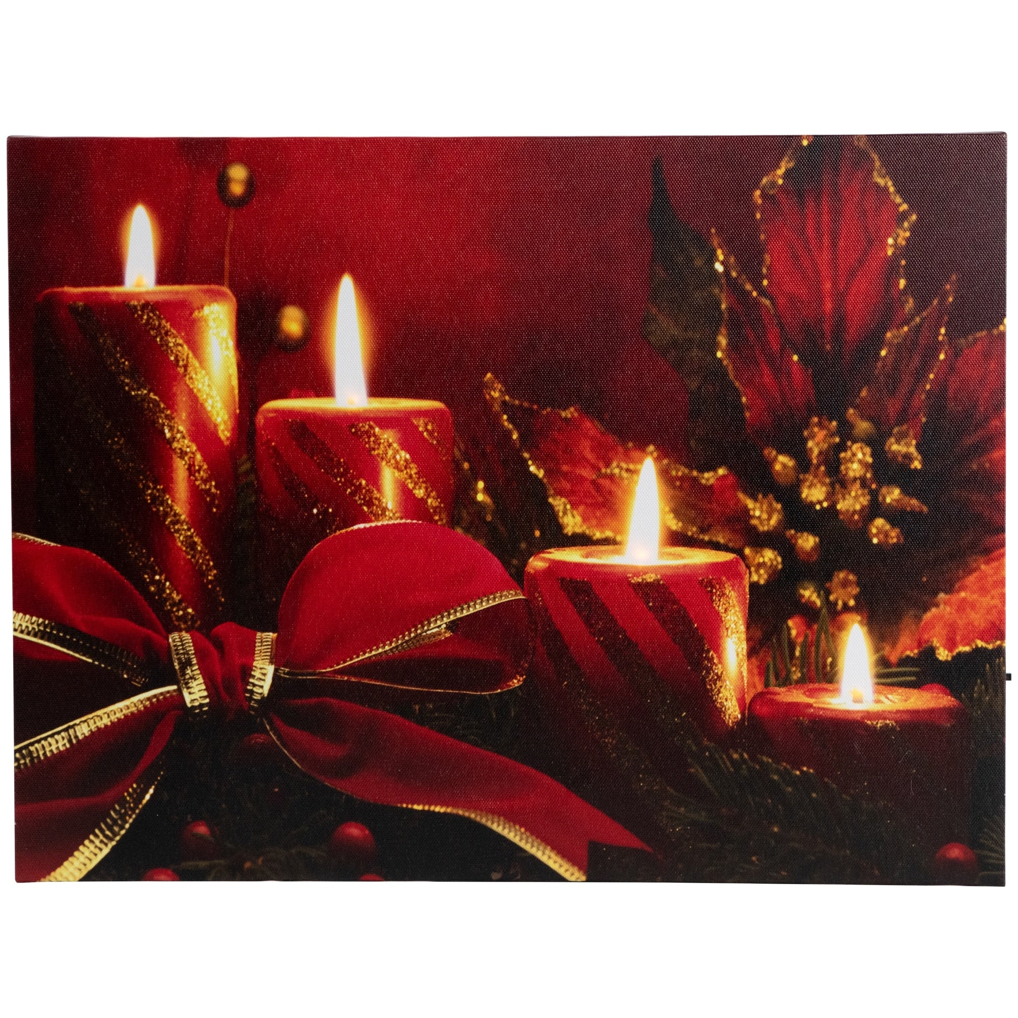 Led Lighted Red Glitter Striped Candles With Poinsettia Bow Christmas Canvas Wall Art 12 X 15.75
