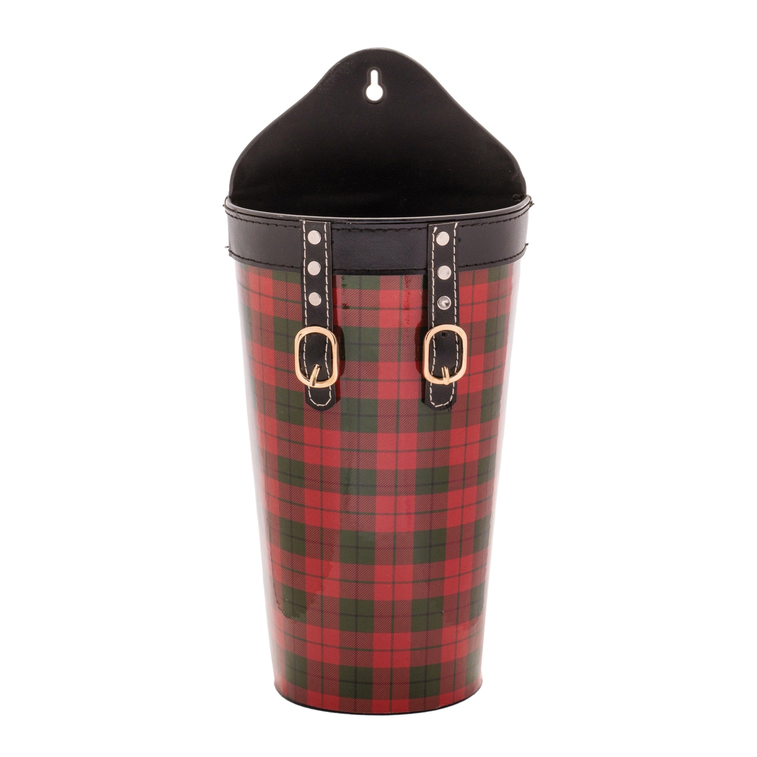 Red Plaid Wall Pocket With Leather Straps 15 H